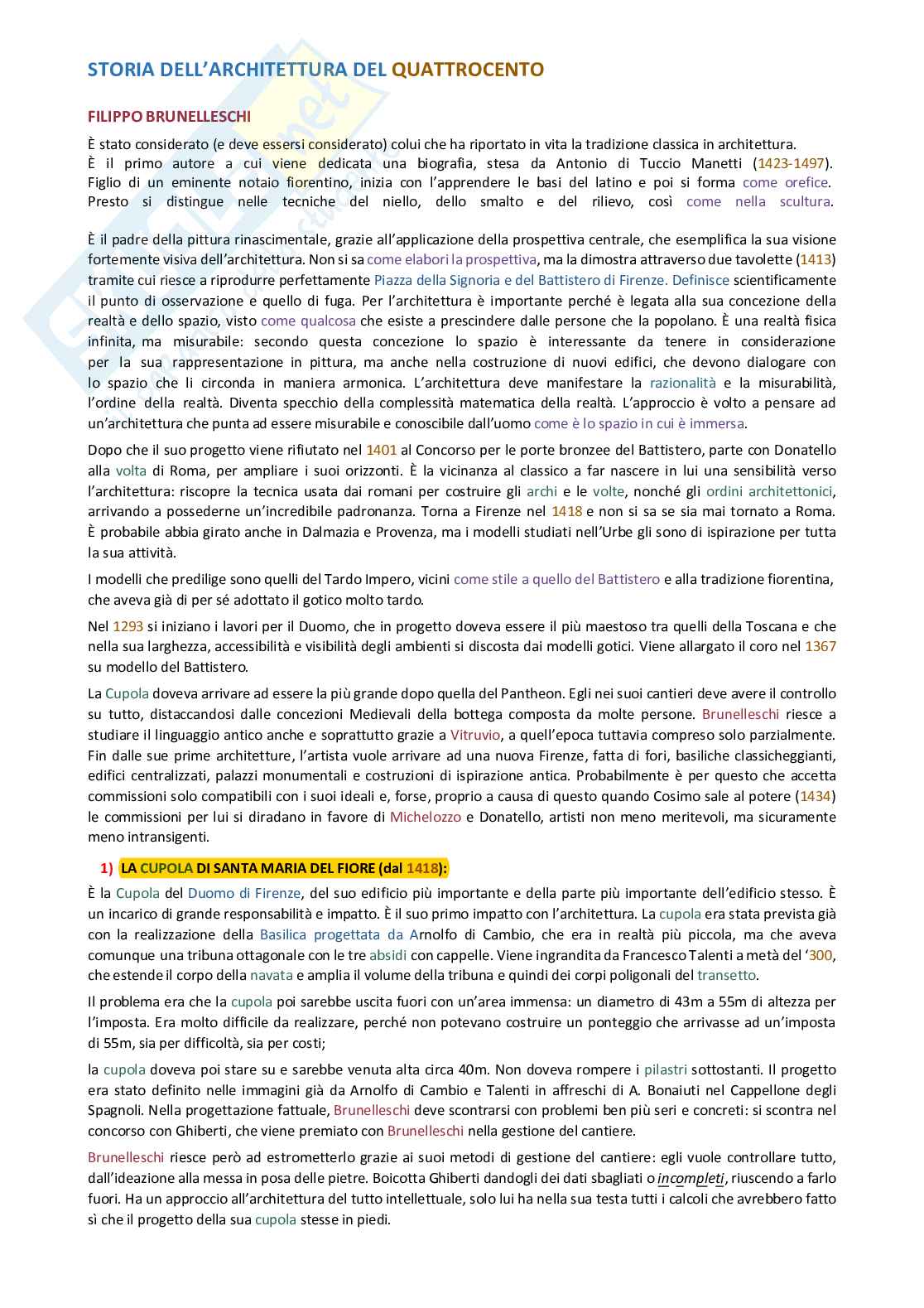 Architettura del Quattrocento: appunti di Elementi di architettura e urbanistica Pag. 1