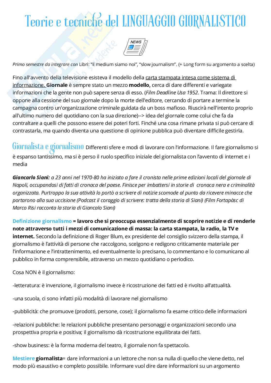 Teorie e tecniche del linguaggio giornalistico primo e secondo semestre Pag. 1