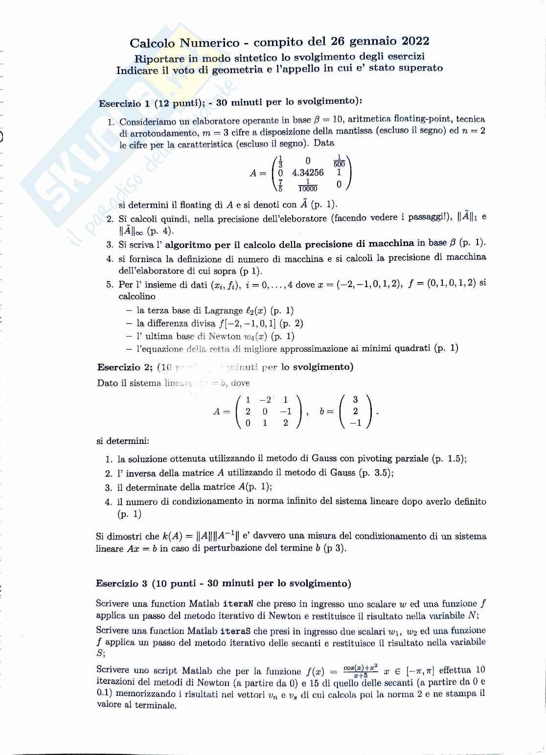 Esame Calcolo numerico 26 Gennaio 2022 Pag. 1