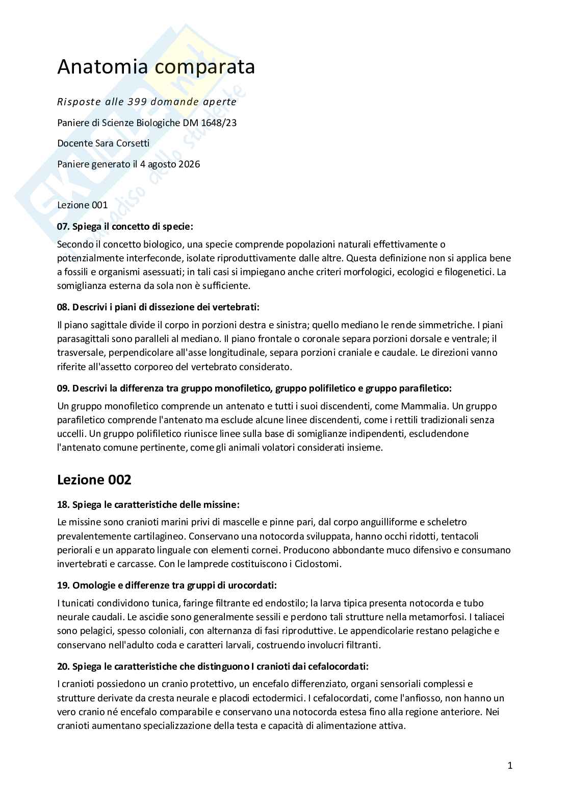 Risposte aperte Anatomia comparata, 2026 Pag. 1