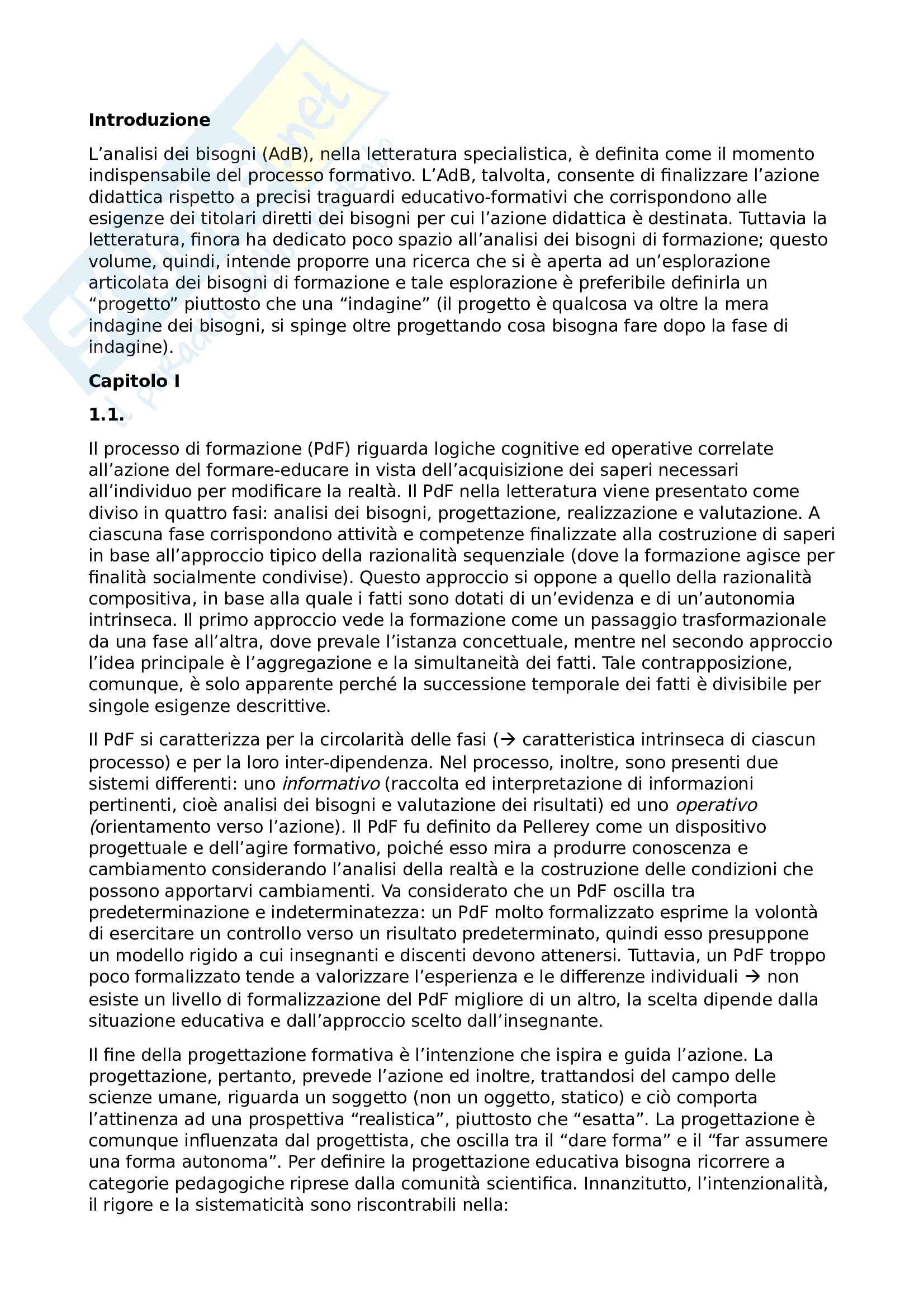 Riassunto esame di progettazione educativa e formativa, prof. Sarracino, libro consigliato Analisi dei bisogni e programmazione della formazione, Bochicchio Pag. 1