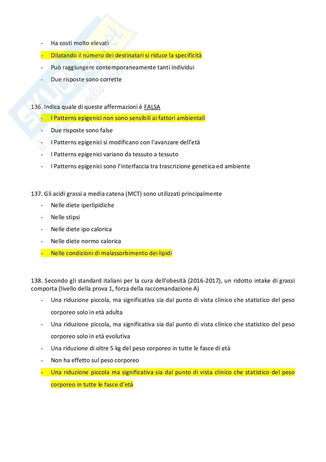 Domande esame del corso Valutazione dello stato nutrizionale e principi di dietetica e dietoterapia  Pag. 36