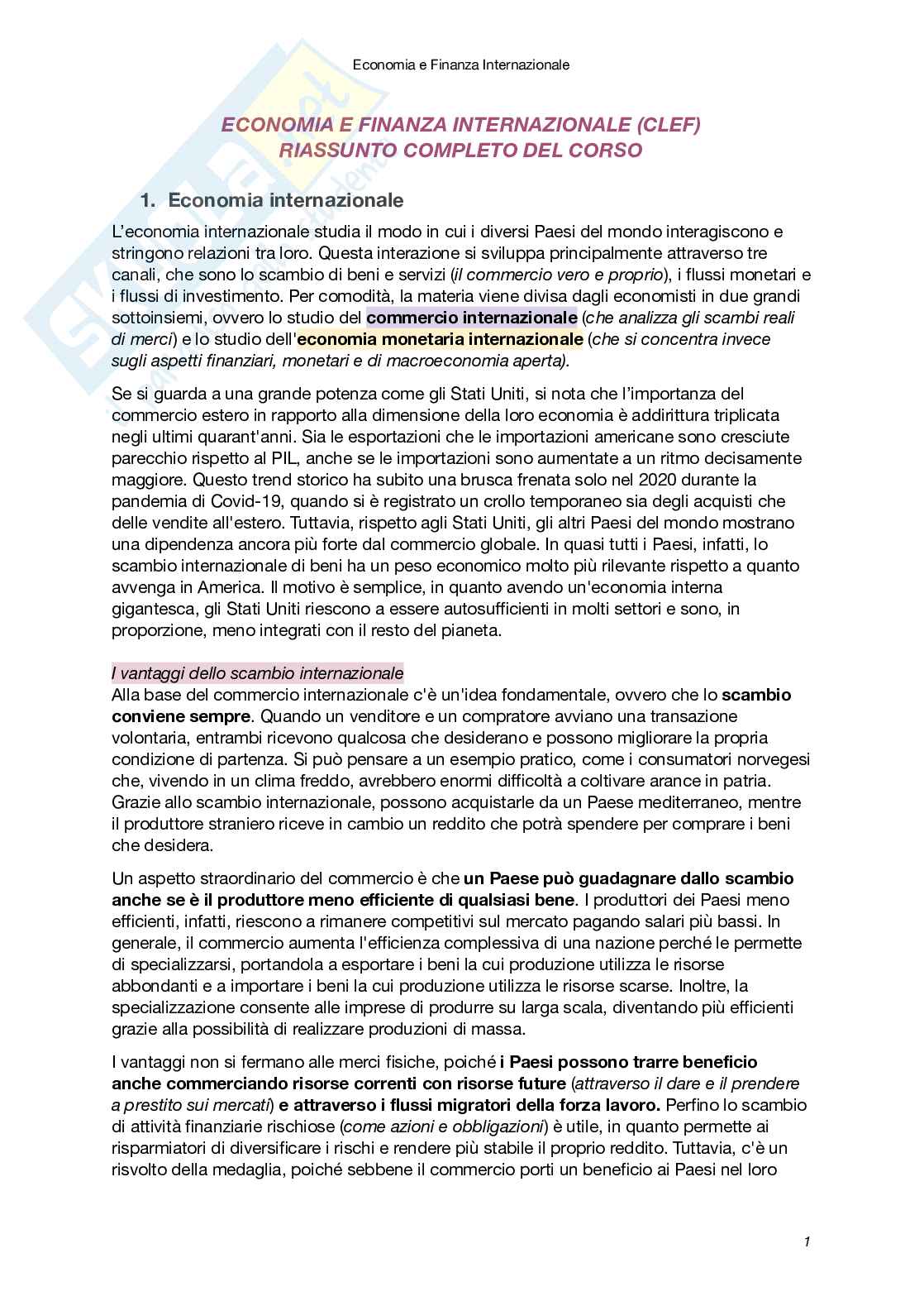 Riassunto esame Economia e finanza internazionale, Prof. Carbonari Lorenzo, libro consigliato Economia internazionale (Vol. 1 e 2), XII Edizione, Krugman, Obstfeld, Melitz Pag. 1