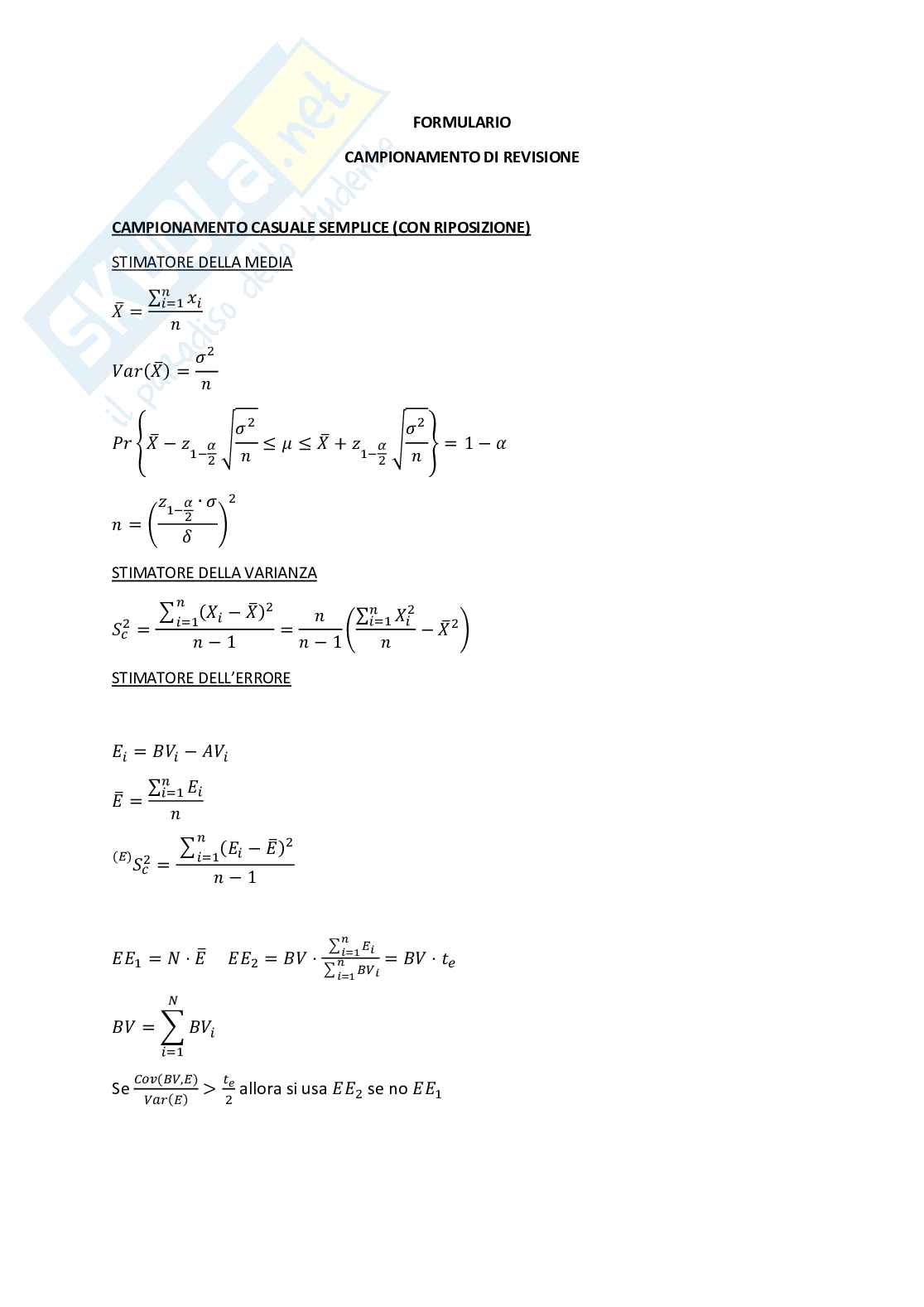 Formule per l'esame di Analisi statistiche Pag. 1