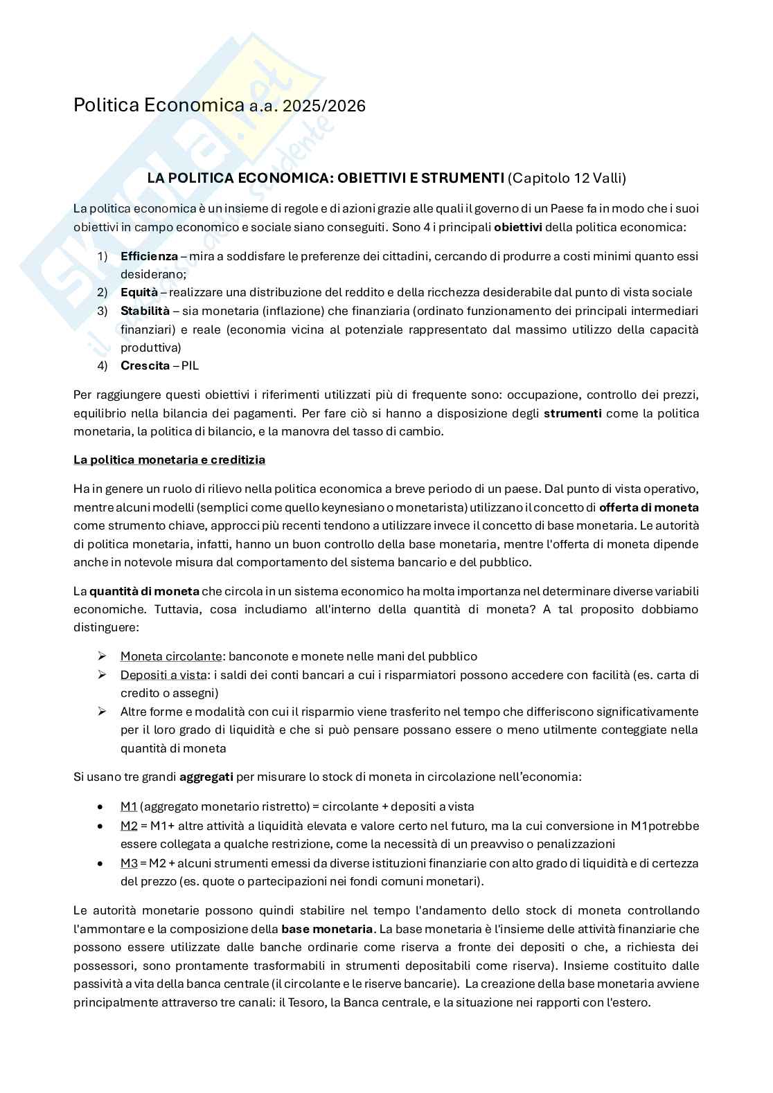 Riassunto esame Politica economica, Prof. Degli Antoni Giacomo, libro consigliato Politica economica e macroeconomia/ Fondamenti di Politica economica, Valli, Geuna, Burlando/Acocella Pag. 1