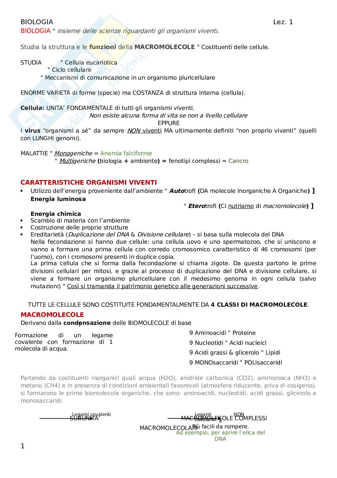 Biologia - Lezione 1 Pag. 1