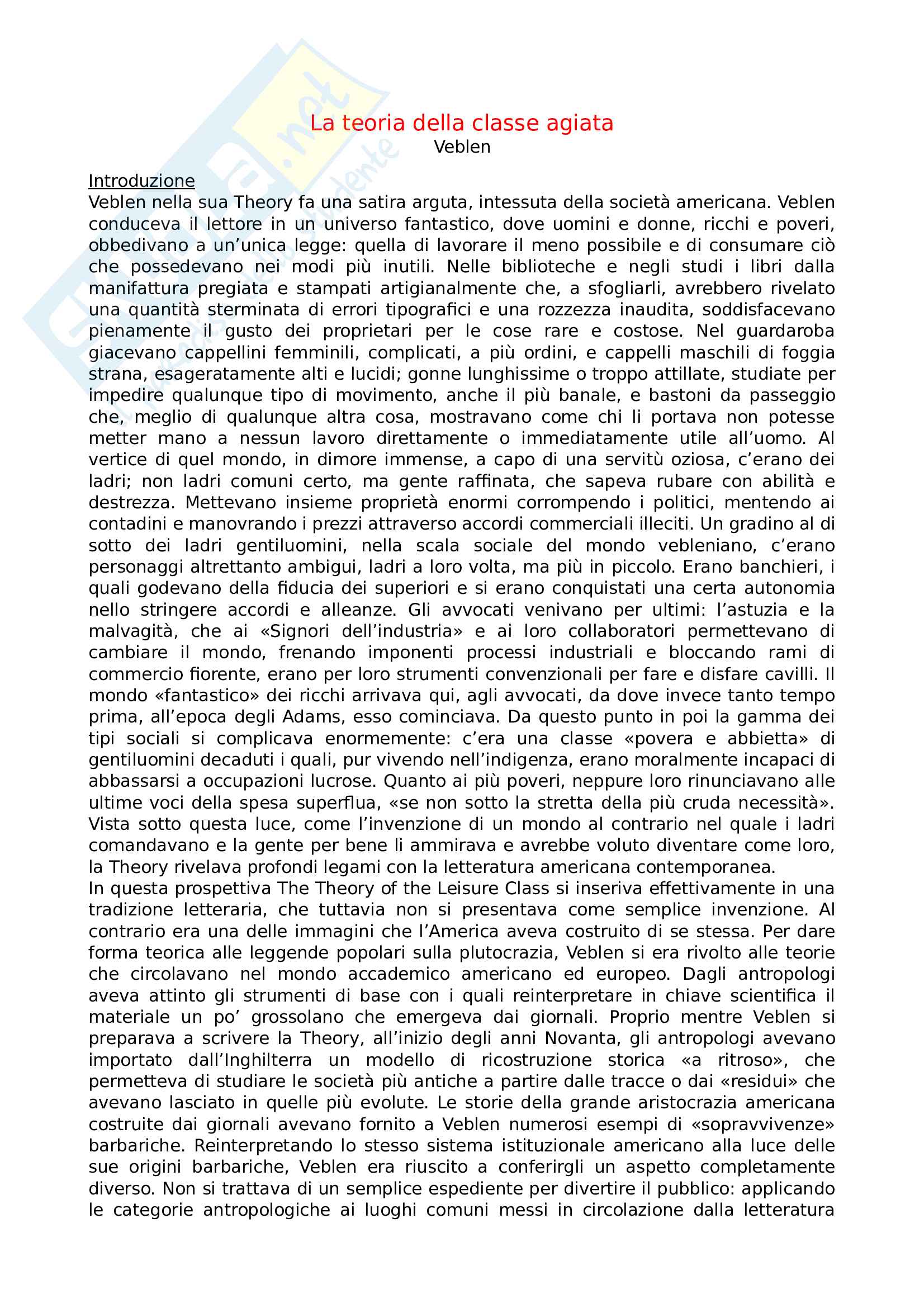 Riassunto esame reti sociali e stili di vita, prof. Cristina Sofia, libro consigliato La teoria della classe agiata, autore Thorstein Veblen Pag. 1