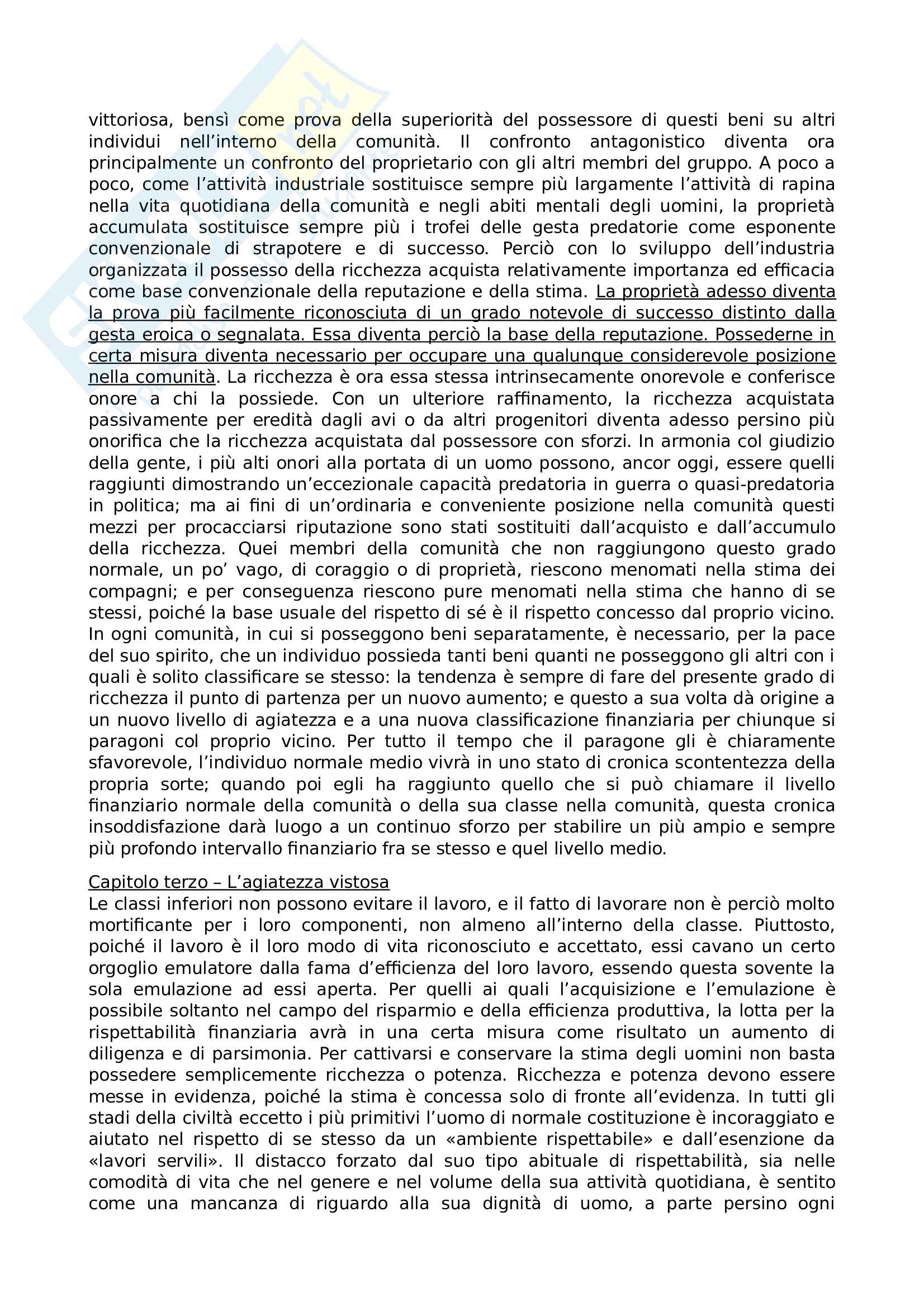 Riassunto esame reti sociali e stili di vita, prof. Cristina Sofia, libro consigliato La teoria della classe agiata, autore Thorstein Veblen Pag. 6