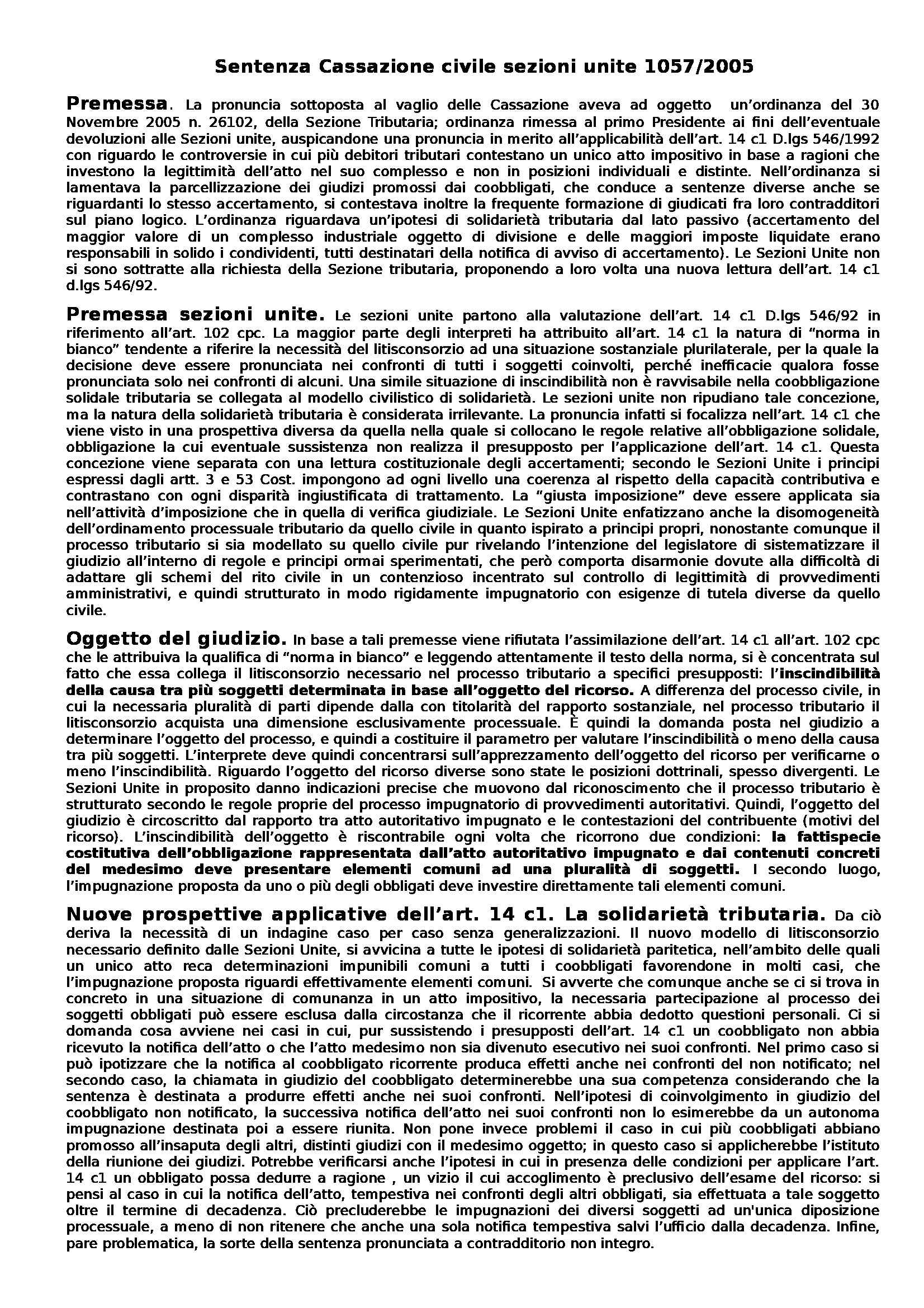 Diritto tributario - Sentenza Cassazione civile sezioni unite 1057/2005 Pag. 1