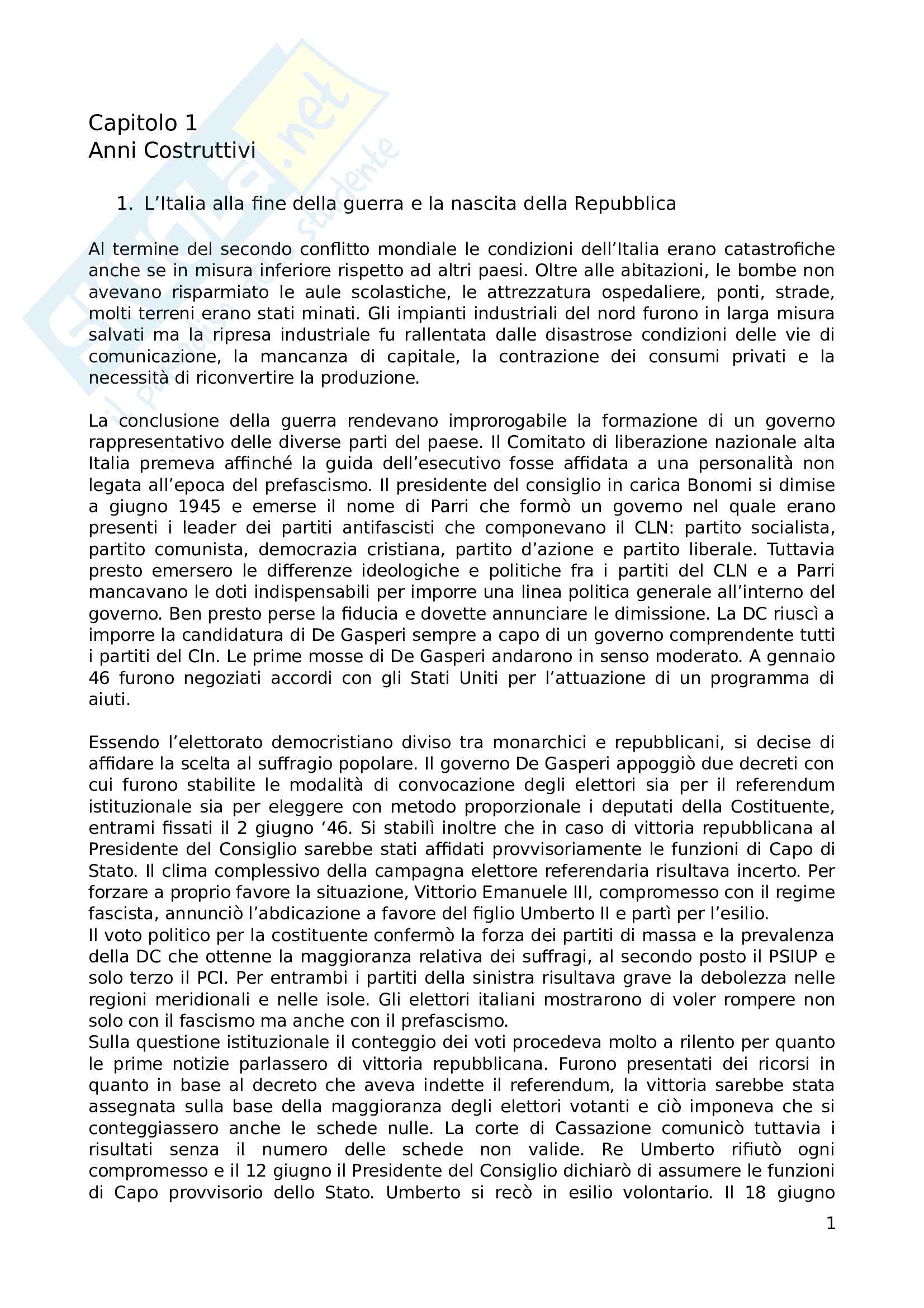 Riassunto esame Storia Contemporanea, prof Colombo, libro consigliato Storia dell'Italia Rupubblicana, Vecchio, Trionfini Pag. 1