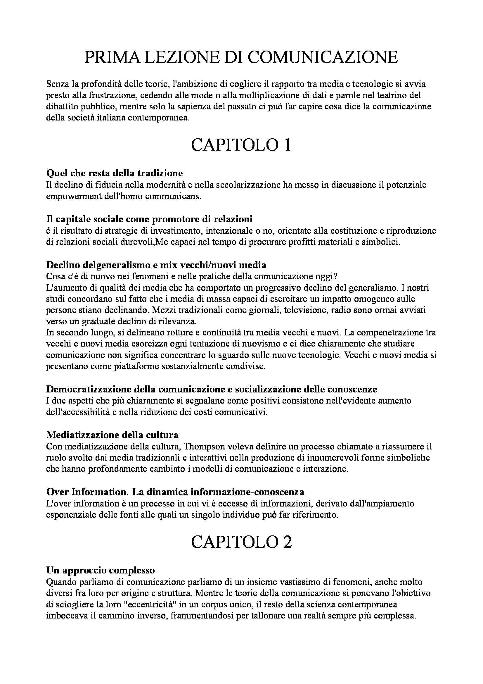 Riassunto esame Sociologia della comunicazione, prof. Fatelli, libro consigliato Comunicazione e media di Morcellini Pag. 1