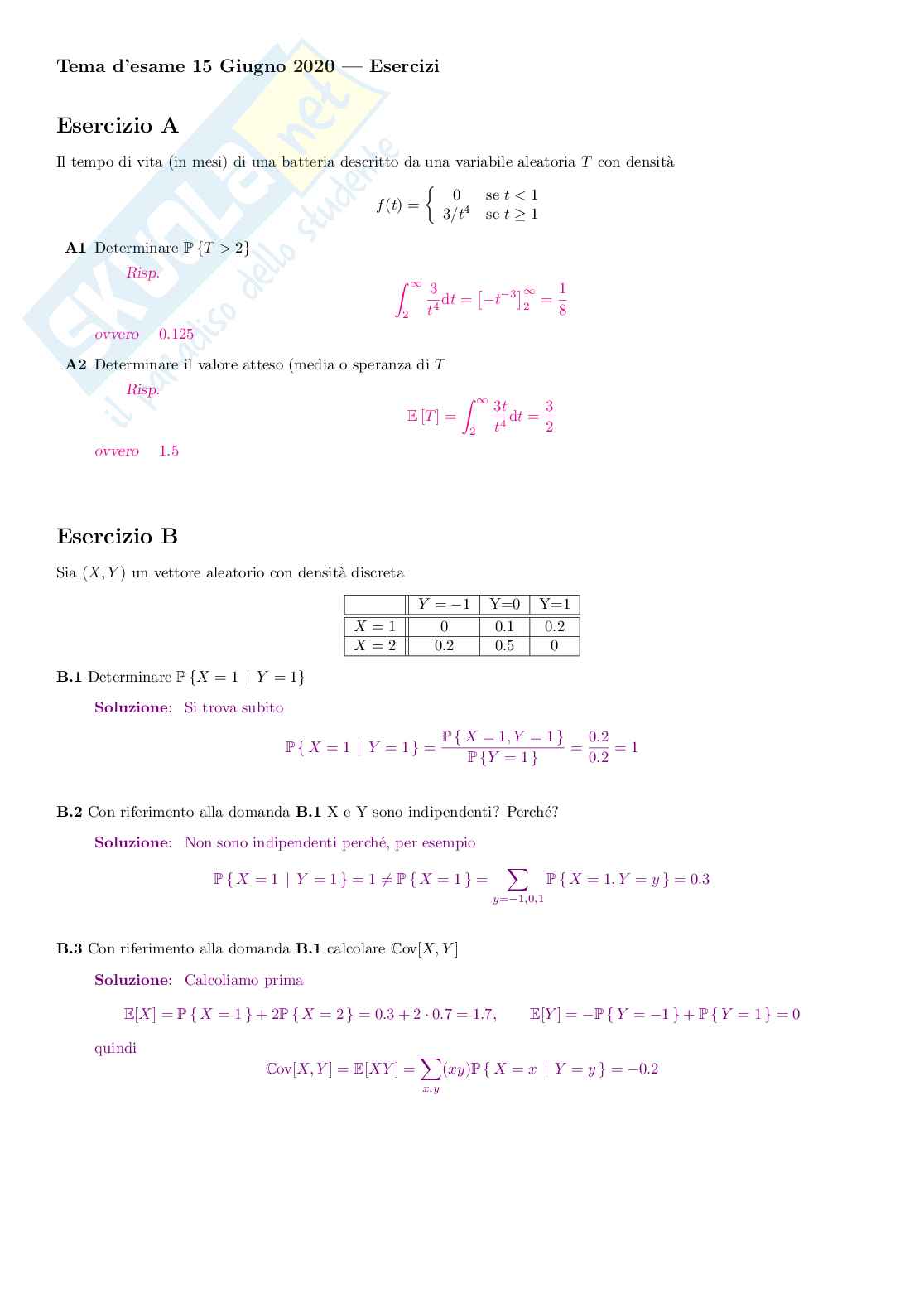 Temi d'esame con soluzione Probabilità e Statistica Pag. 1