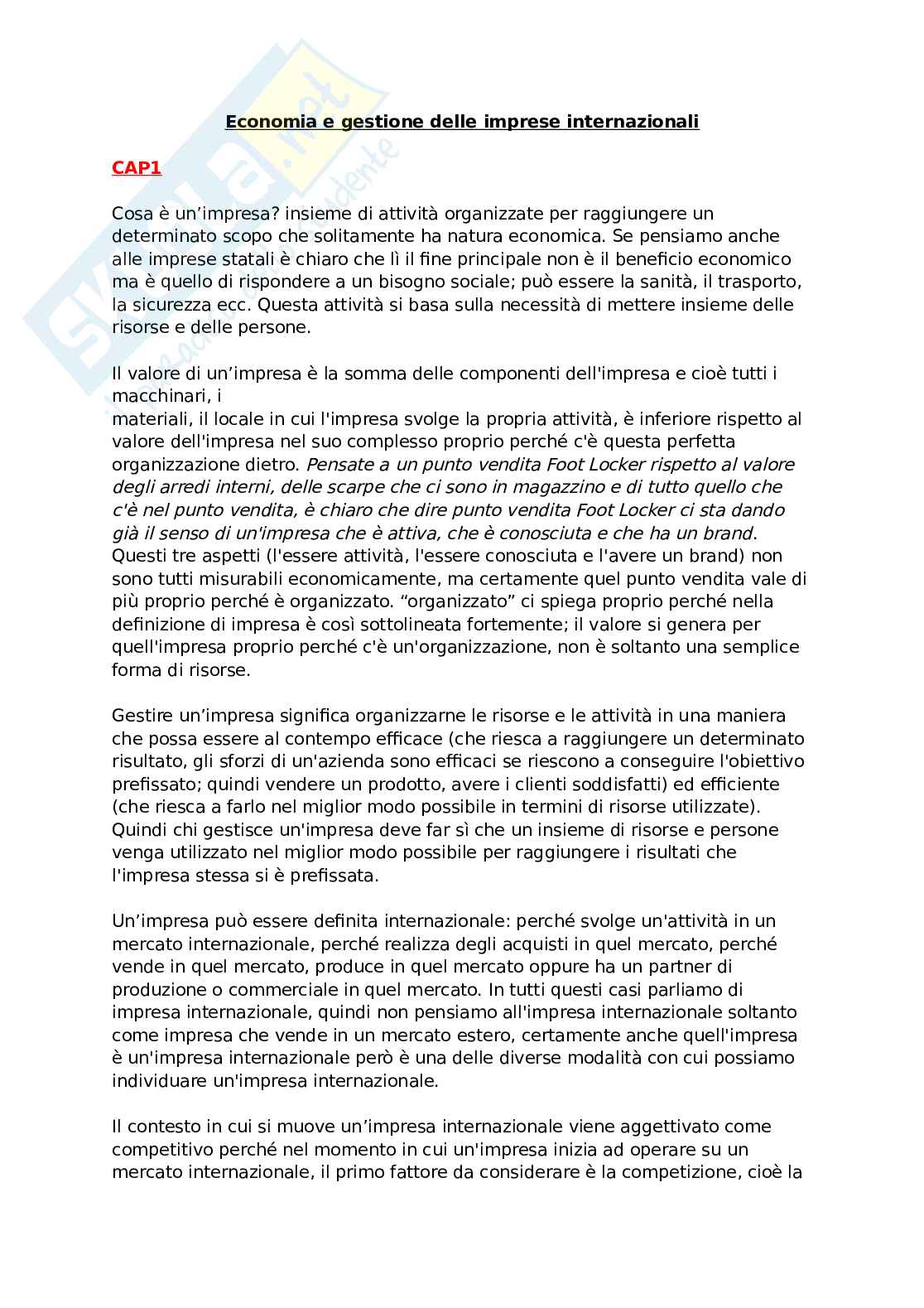 Riassunto esame Economia e gestione delle imprese internazionali, Prof. De Chiara Alessandra, libro consigliato Economia e gestione delle imprese internazionali, Caroli Pag. 1