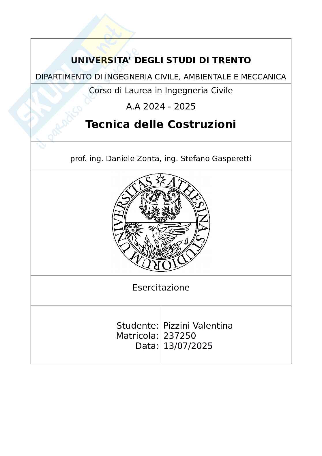 Esercitazione Tecnica delle costruzioni Pag. 1