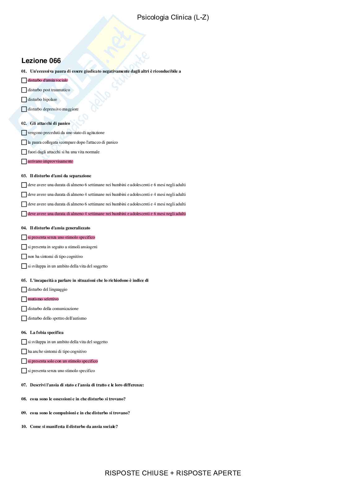 Psicologia clinica - Paniere compilato Pag. 61
