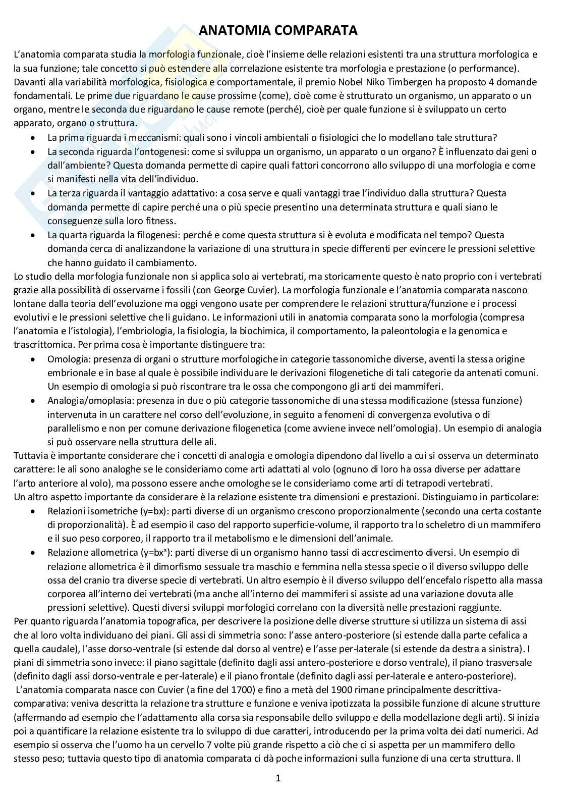 Anatomia comparata: appunti completi d'esame Pag. 1