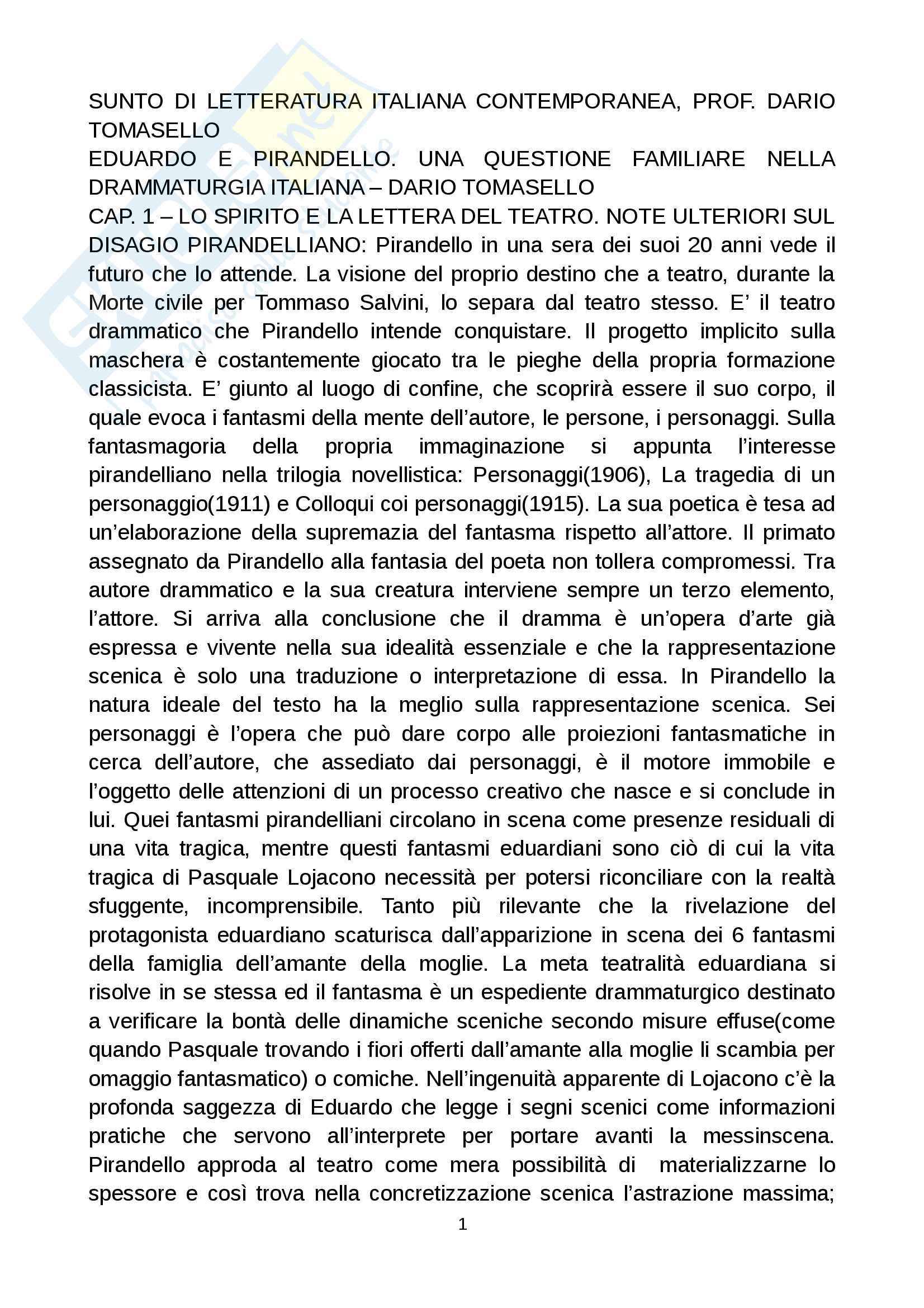 Riassunto esame Letteratura italiana contemporanea, prof. Dario Tomasello, Libro consigliato: Eduardo e Pirandello, D Tomasello Pag. 1