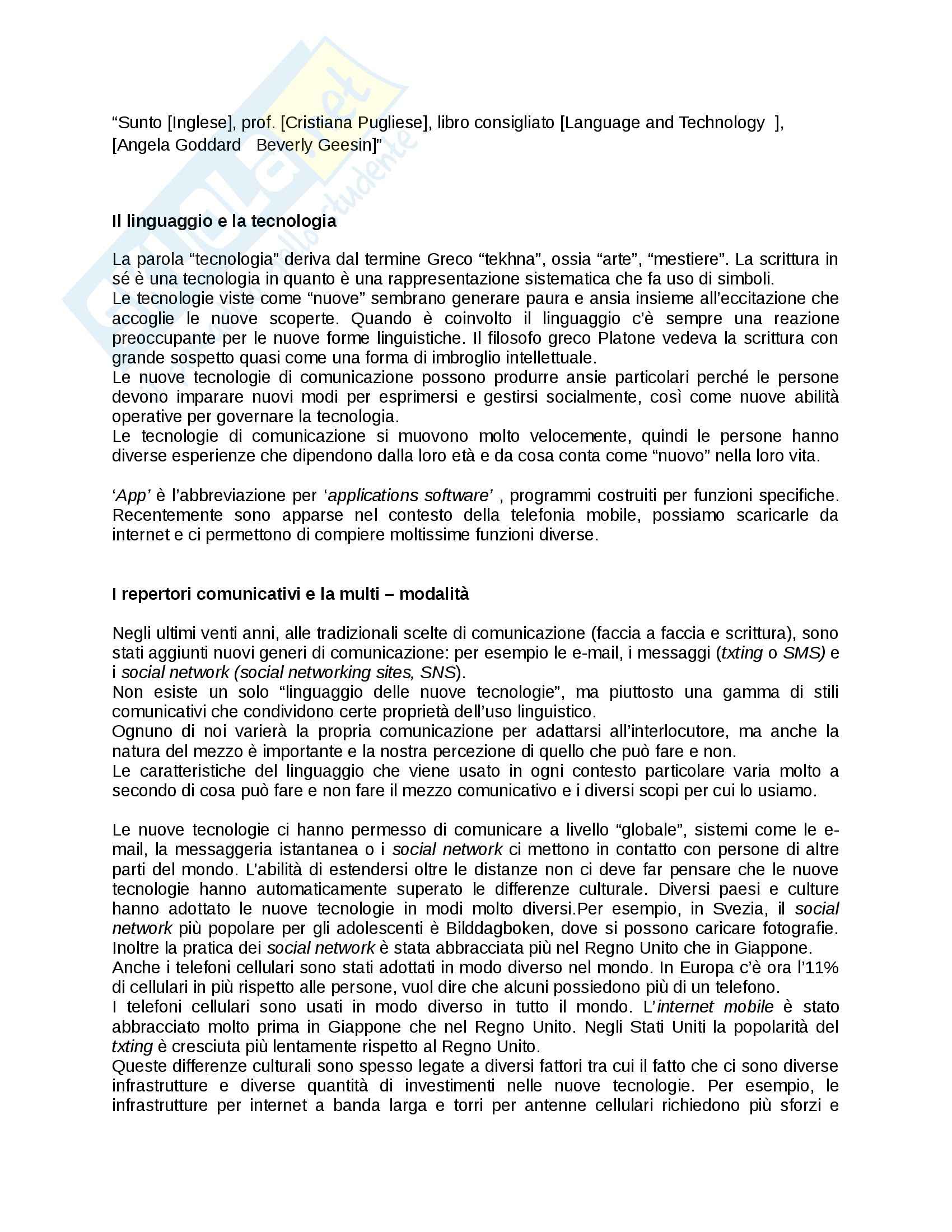 Riassunto esame Inglese, prof. Pugliese, libro consigliato Language and Technology, Goddard, Geesin Pag. 1