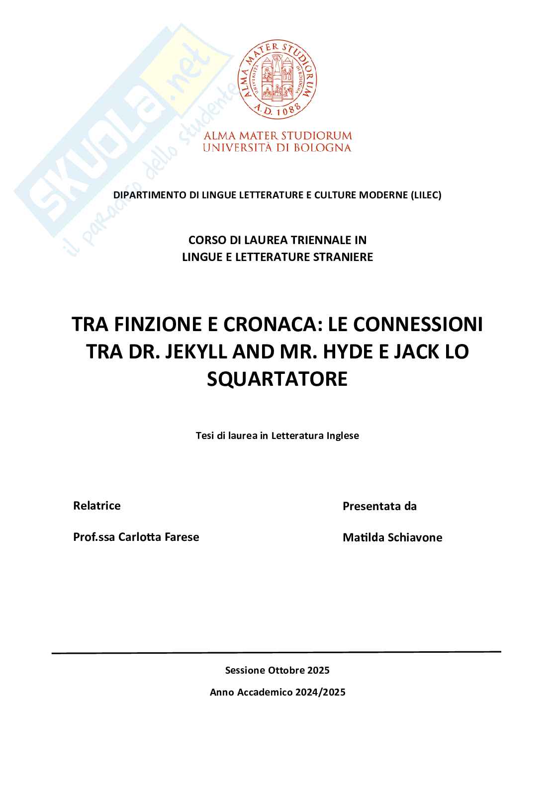 Tesi laurea triennale: le connessioni tra Dr. Jekyll and Mr. Hyde e Jack lo Squartatore Pag. 1