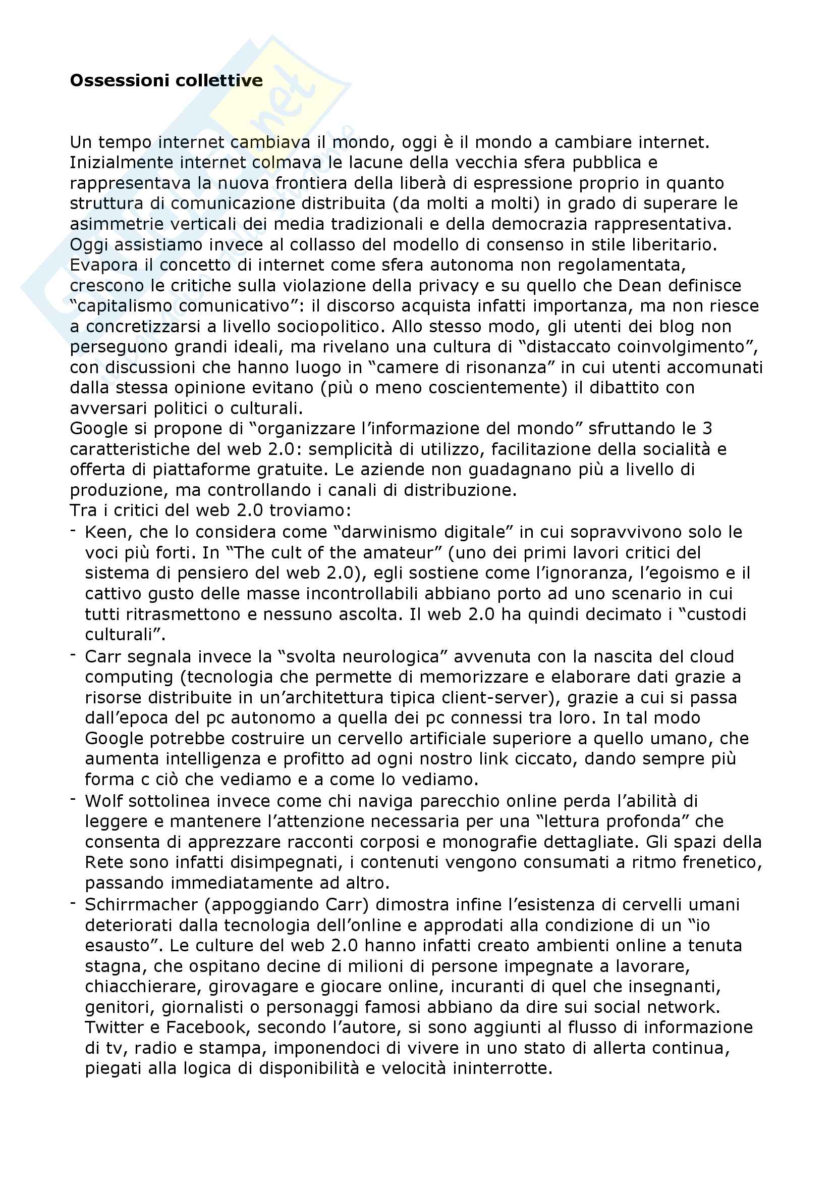 Riassunto esame Sociologia dei new media e internet studies, prof. Boccia Artieri, libro consigliato Ossessioni collettive, Geert, Lovink Pag. 1