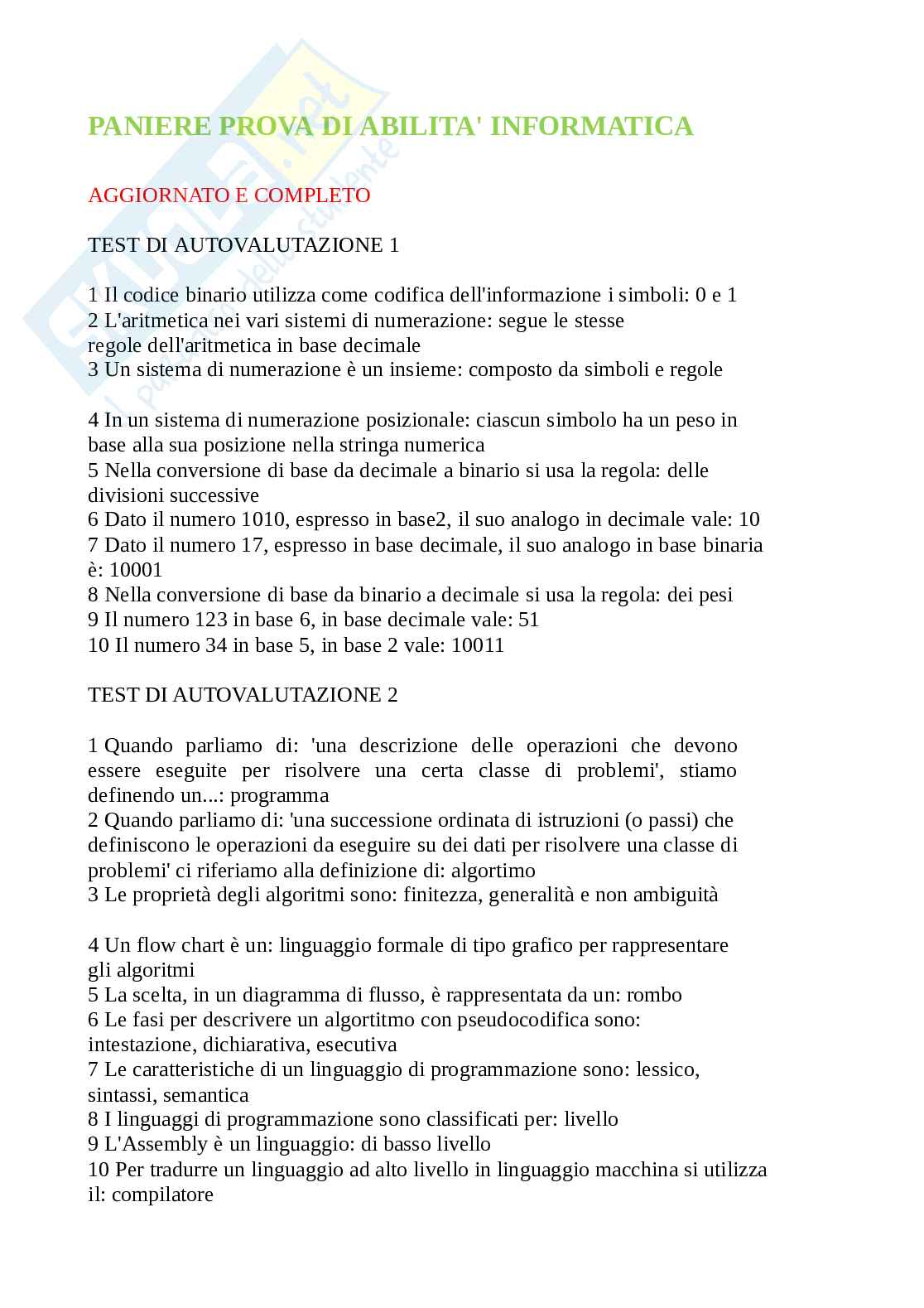 Paniere Prove di abilità informatiche. Aggiornato e completo con extra. In ordine Pag. 1