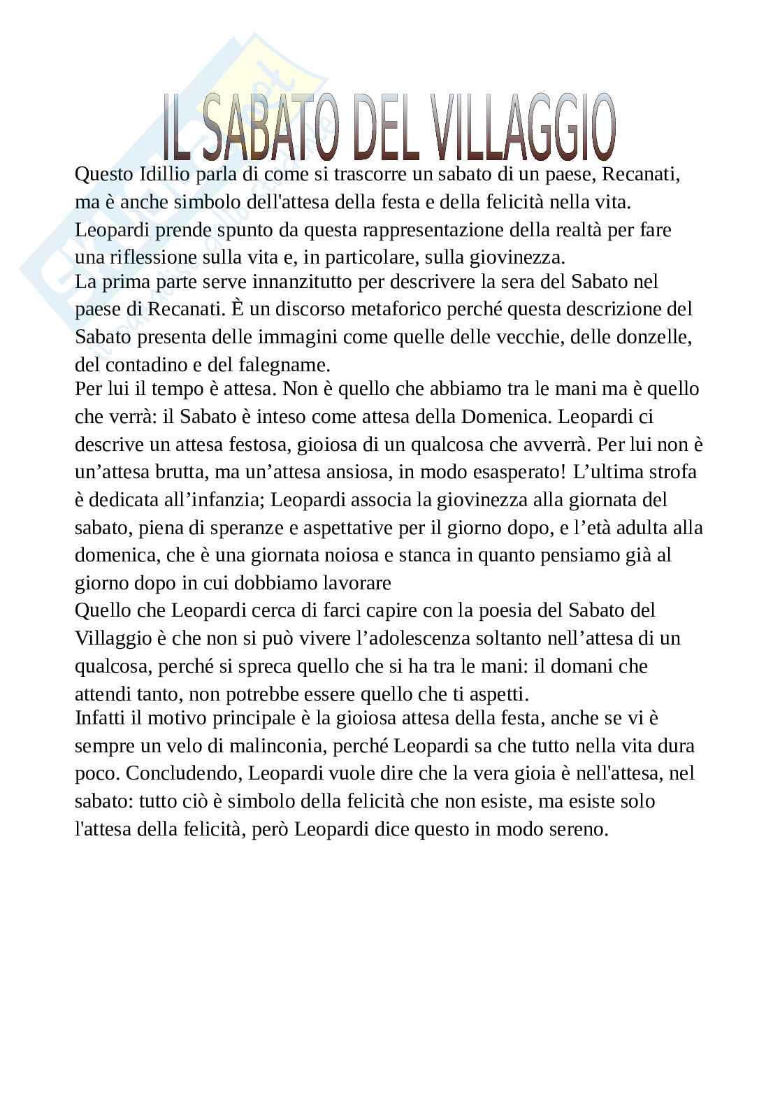 Sabato Del Villaggio Commento Della Celebre Poesia Di Leopardi