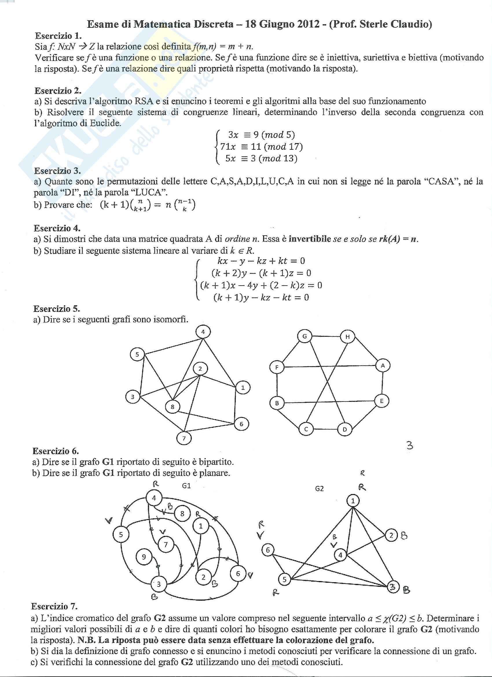 Matematica Discreta - Prova d'esame Giugno 2012 Pag. 1
