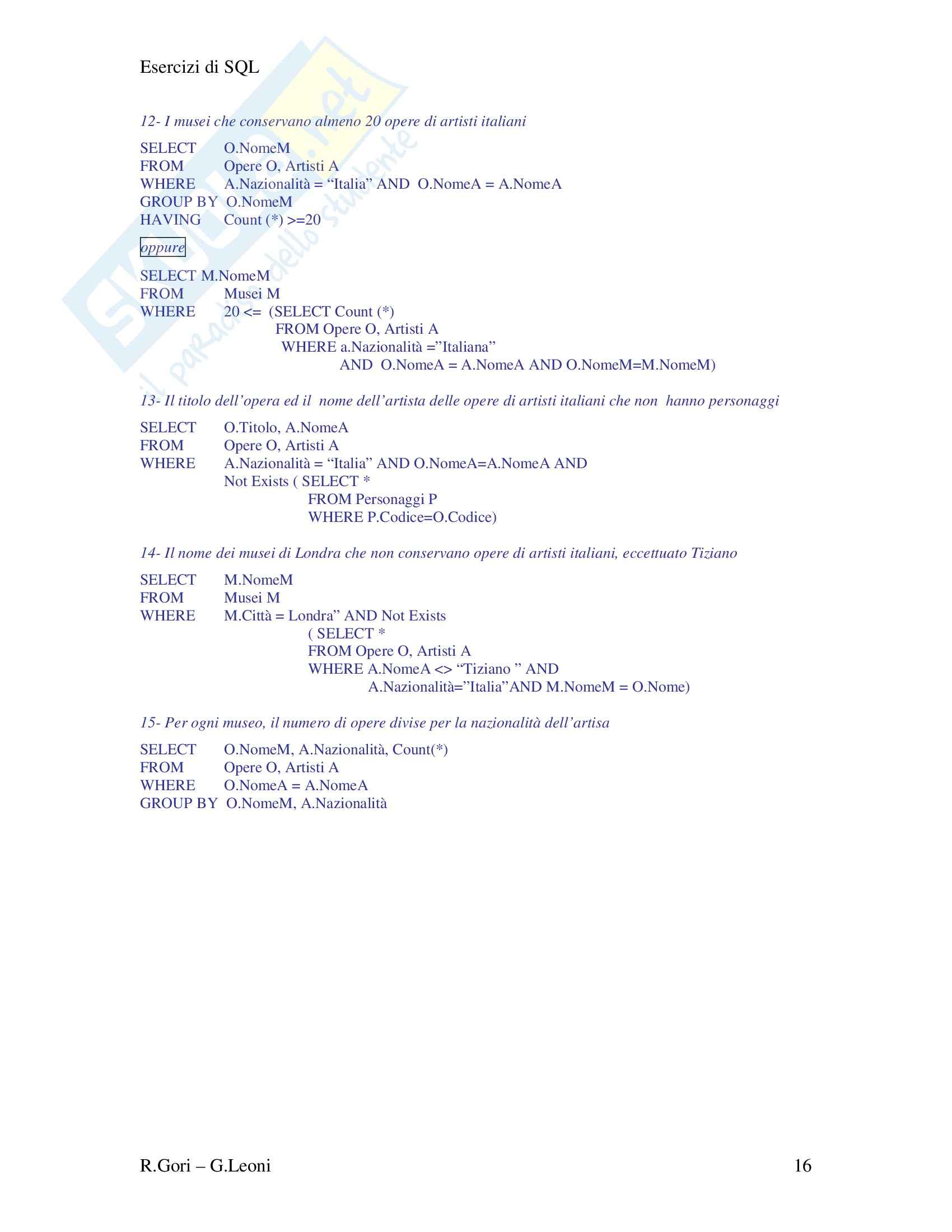 Basi di dati - il linguaggio di interrogazione SQL - esercitazione Pag. 16