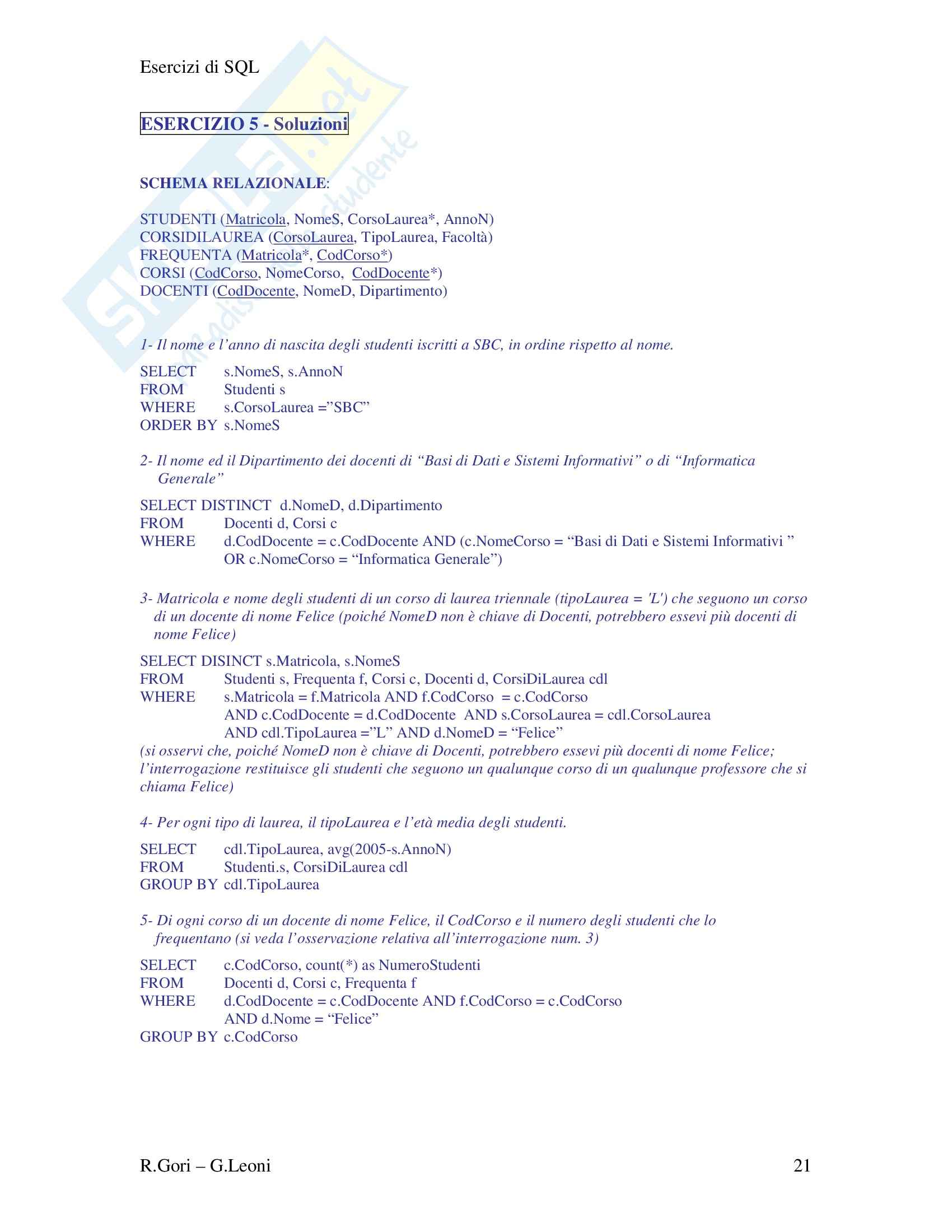 Basi di dati - il linguaggio di interrogazione SQL - esercitazione Pag. 21