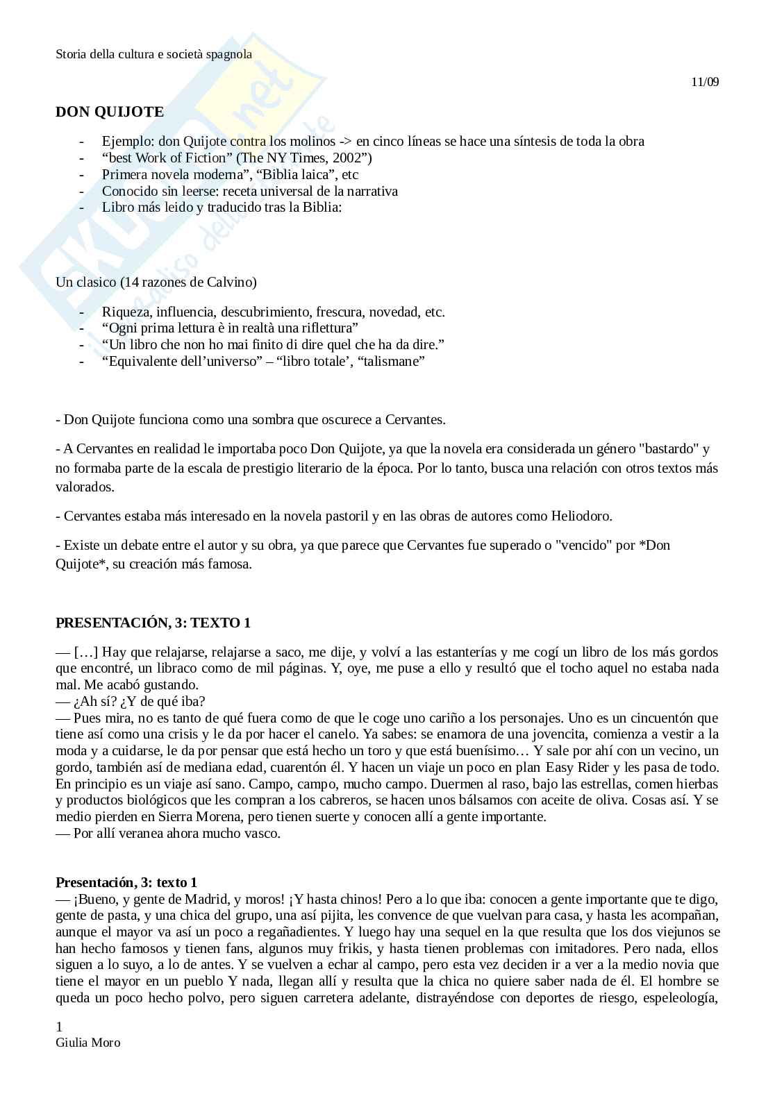 Riassunto esame Storia della cultura e società spagnola, Prof. Garcia Saez Adrian J., libro consigliato Don Quijote, Miguel de Cervantes Pag. 1