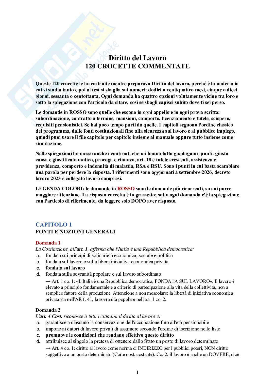 Diritto del lavoro – 120 crocette commentate (contratti, licenziamenti, sindacato) Pag. 1