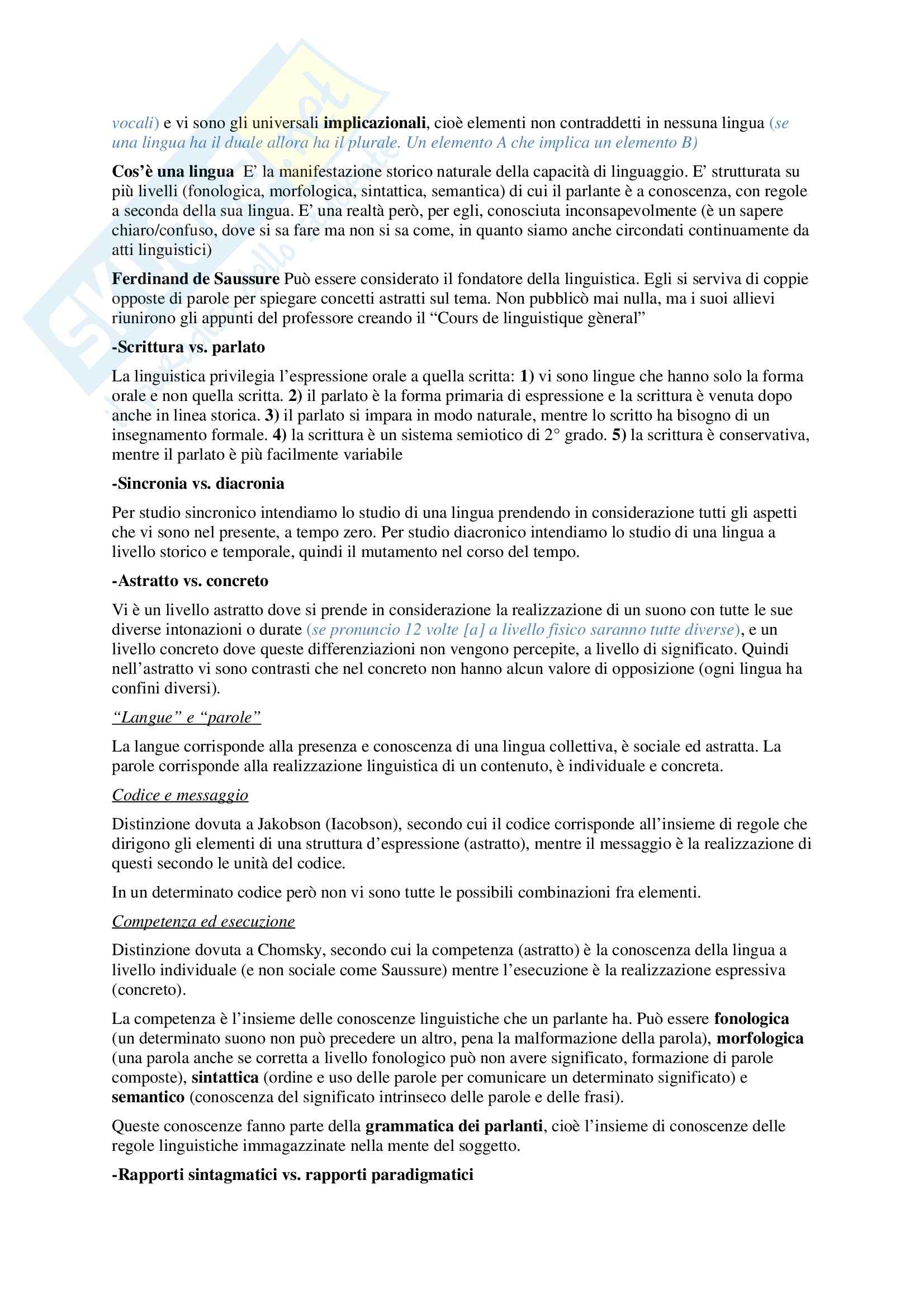 Riassunto esame Linguistica generale, prof. Scala, libro consigliato Linguistica generale Le lingue e il linguaggio Giorgio Graffi e Sergio Scalise Pag. 2