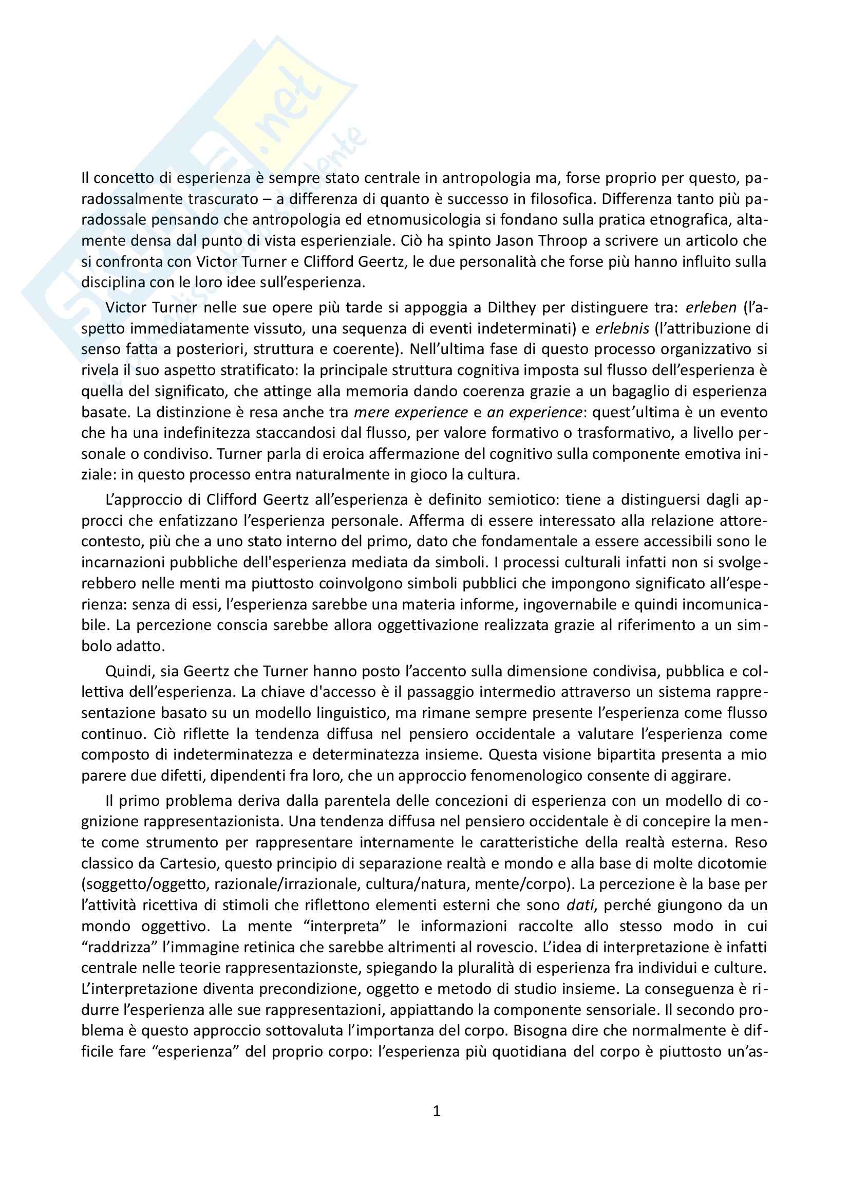 Riassunto esame Antropologia, prof. Allovio, libro consigliato L'esperienza del corpo, Ferraini Pag. 1