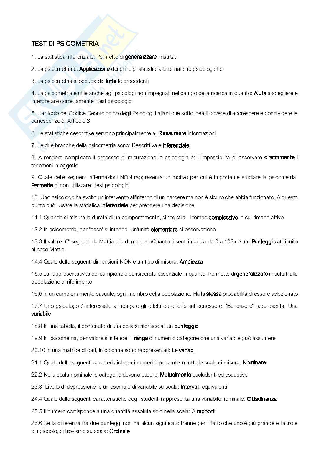 Paniere completo Psicometria di base - Nuovo ordinamento - L24 Pag. 1