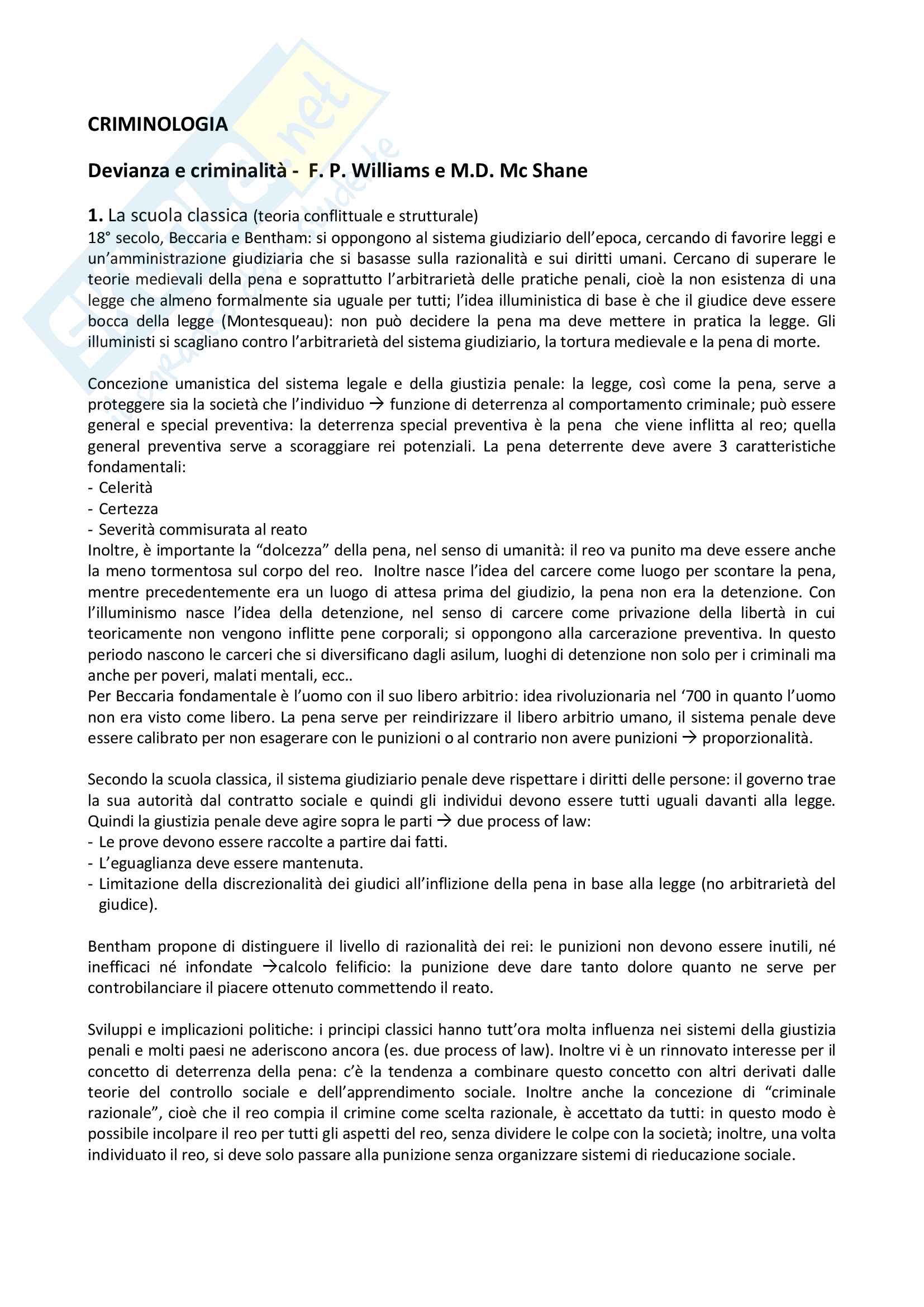 Riassunto esame di Criminologia, docente Ceretti, libro consigliato Devianza e criminalità Pag. 1