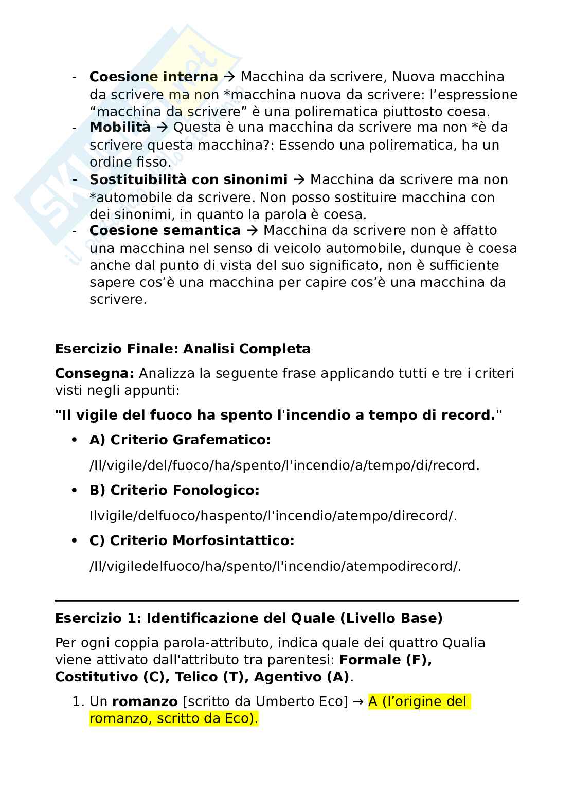 Esercizi pratici e domande aperte per prepararsi all'esame di Semantica e lessico Pag. 2