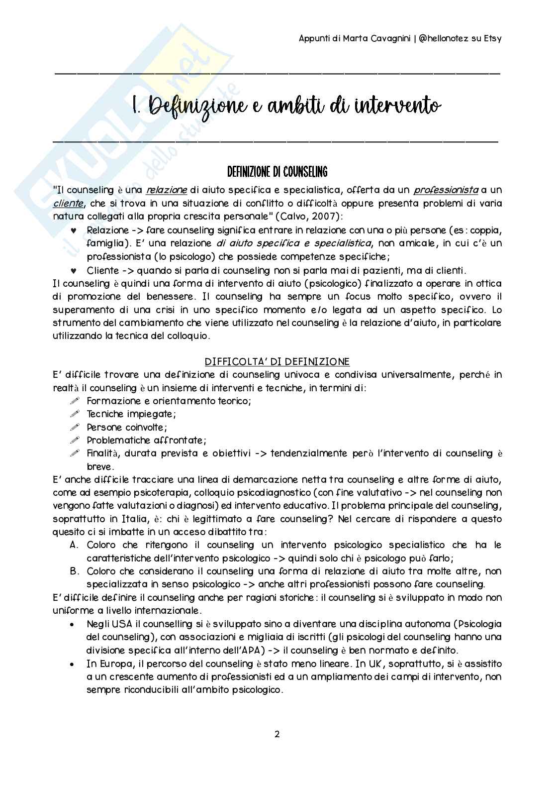Riassunto esame Counseling nel ciclo di vita, Prof. Cuccì Gaia, libro consigliato Il colloquio del counseling, ascoltare ragazzi e genitori, Calvo, Sala Pag. 2