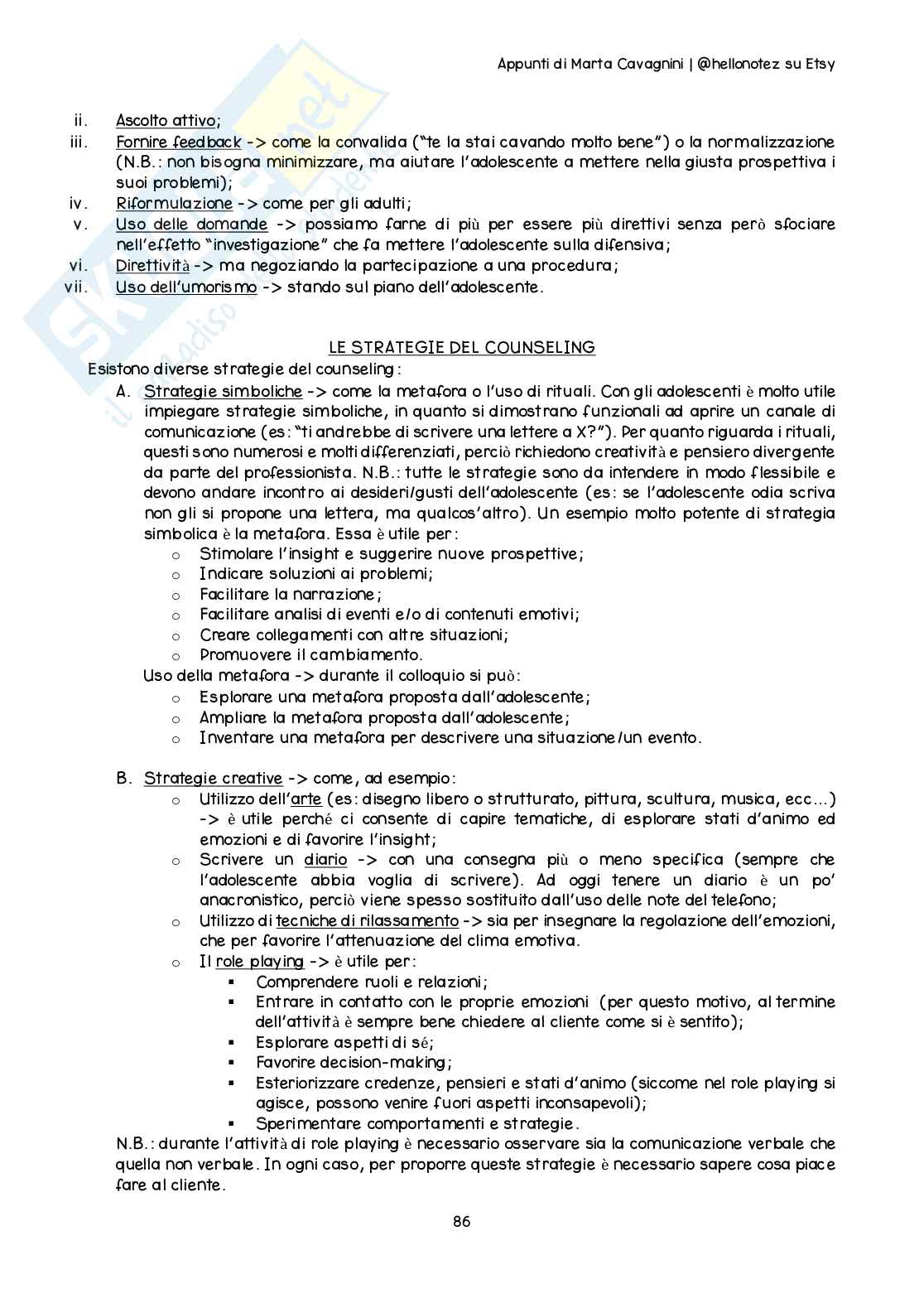 Riassunto esame Counseling nel ciclo di vita, Prof. Cuccì Gaia, libro consigliato Il colloquio del counseling, ascoltare ragazzi e genitori, Calvo, Sala Pag. 86