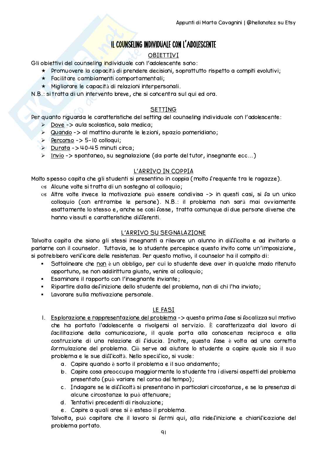 Riassunto esame Counseling nel ciclo di vita, Prof. Cuccì Gaia, libro consigliato Il colloquio del counseling, ascoltare ragazzi e genitori, Calvo, Sala Pag. 91