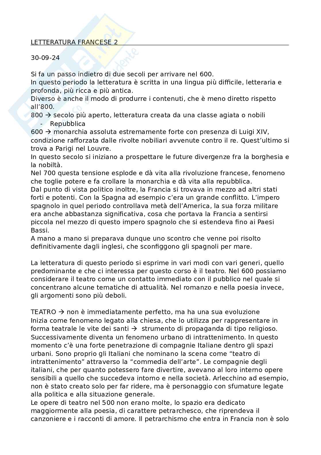 Letteratura francese 2 - Appunti completi del corso Pag. 1