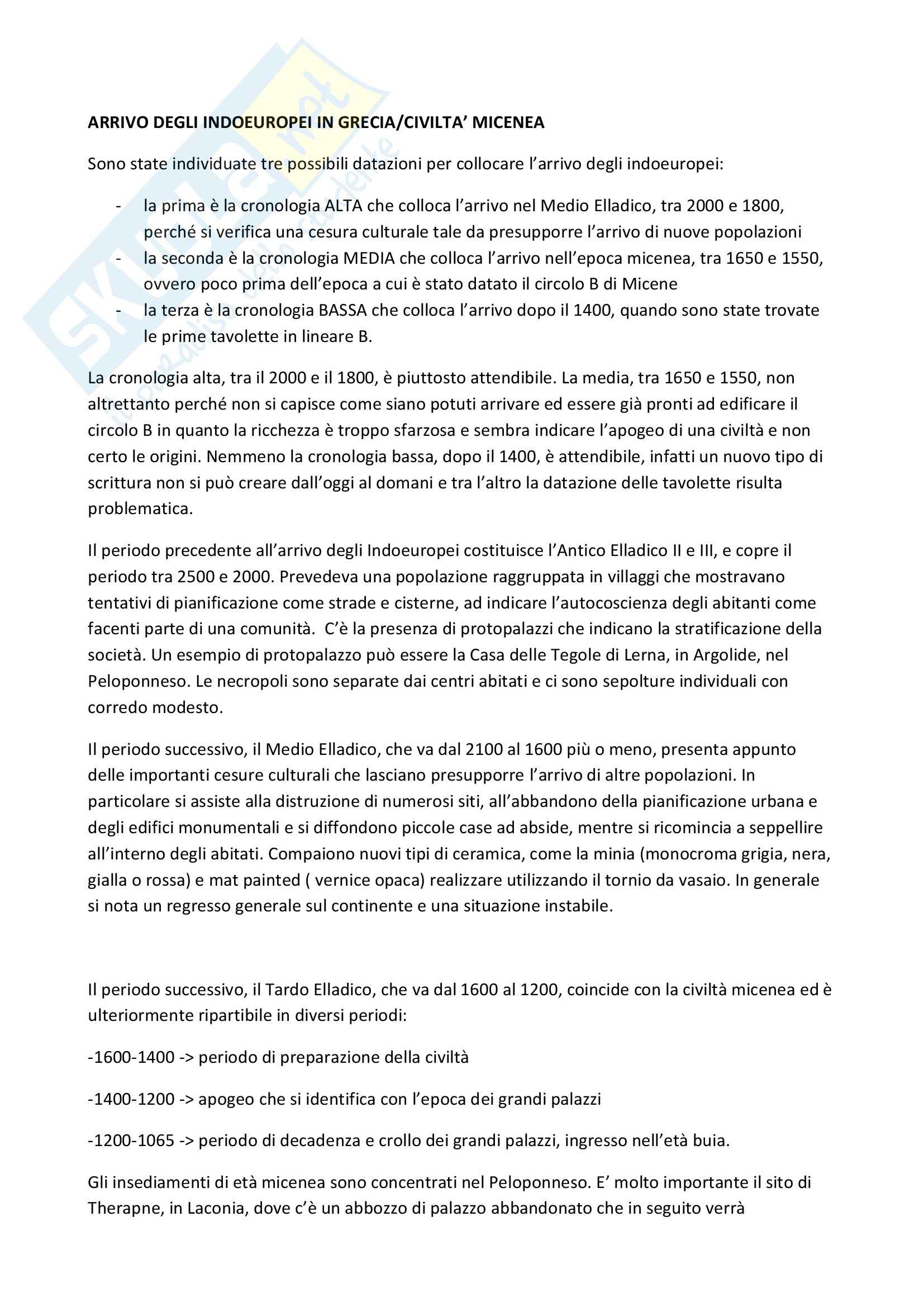 Storia greca - l'arrivo degli Indoeuropei in Grecia Pag. 1