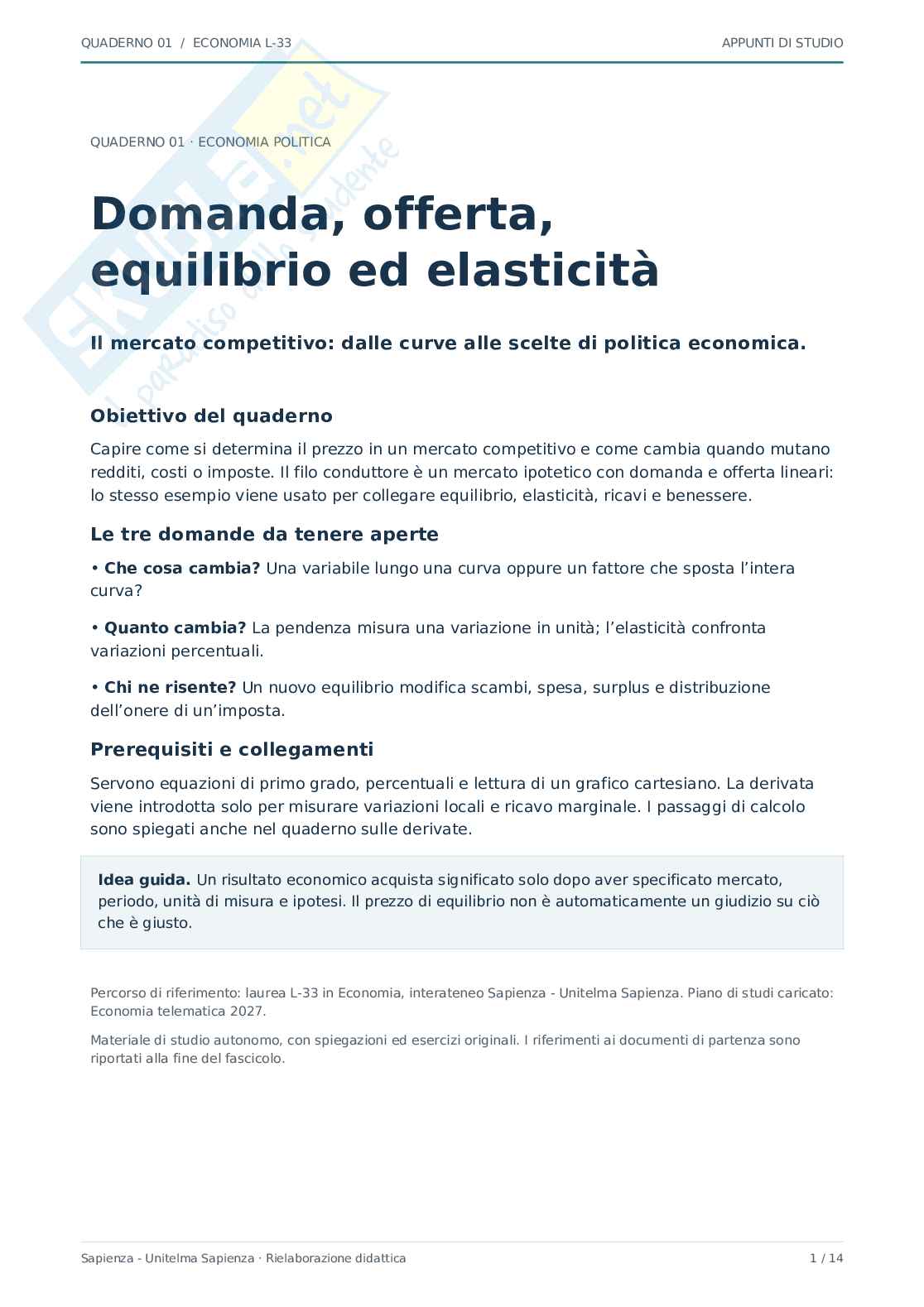 Domanda, offerta, equilibrio ed elasticità Pag. 1