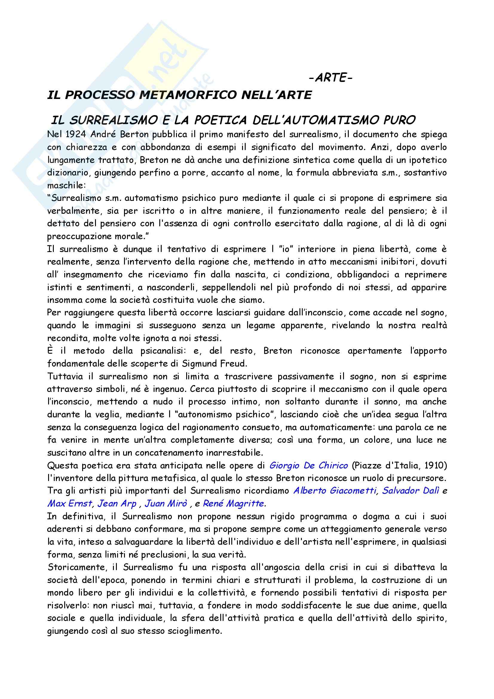Arte - il processo metamorfico nell'arte, il surrealismo Pag. 1