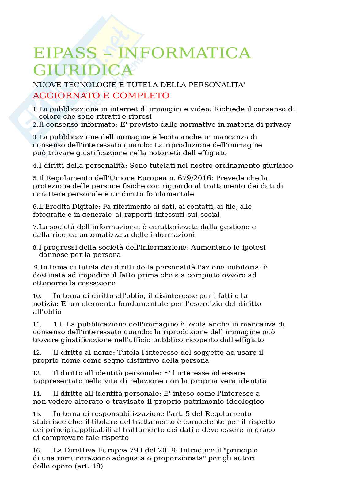 Domande e risposte Eipass Informatica giuridica - Modulo 1: Nuove tecnologie e tutela della personalità  Pag. 1