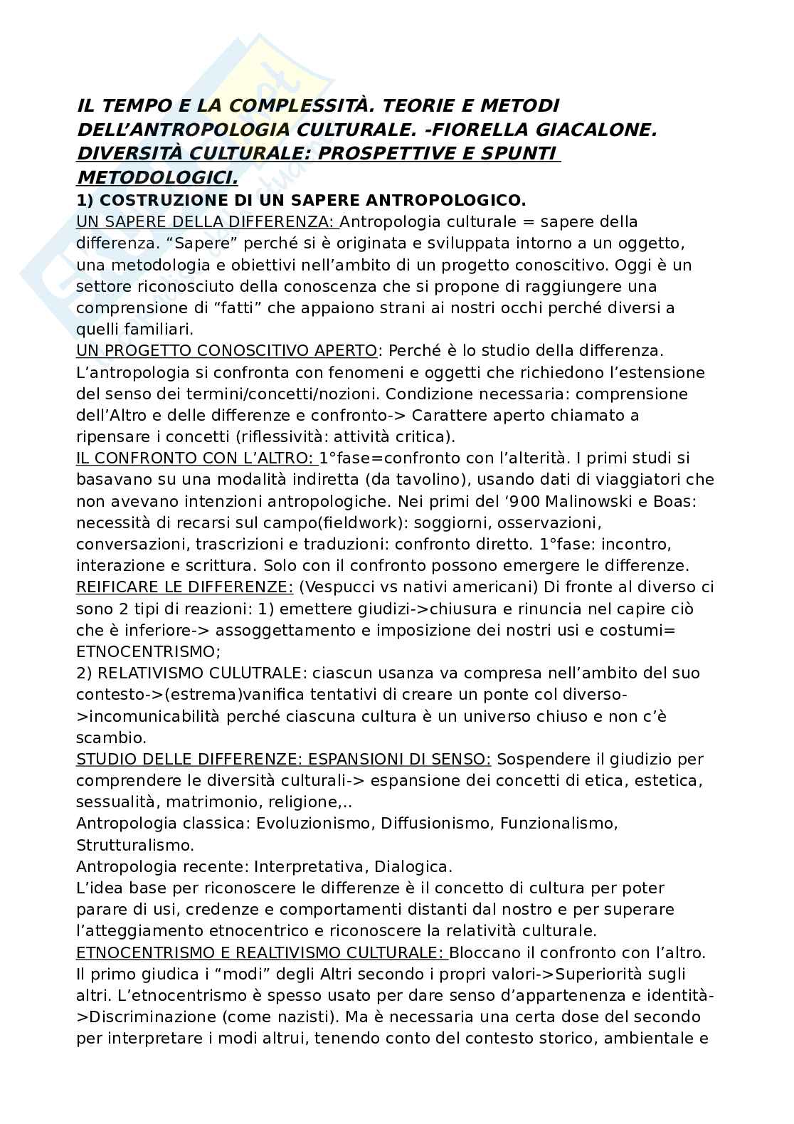Riassunto per l'esame di antropologia, prof Giancristofaro, libro consigliato Il tempo e la complessità: teorie e metodi dell'antropologia culturale, Giacalone Pag. 1