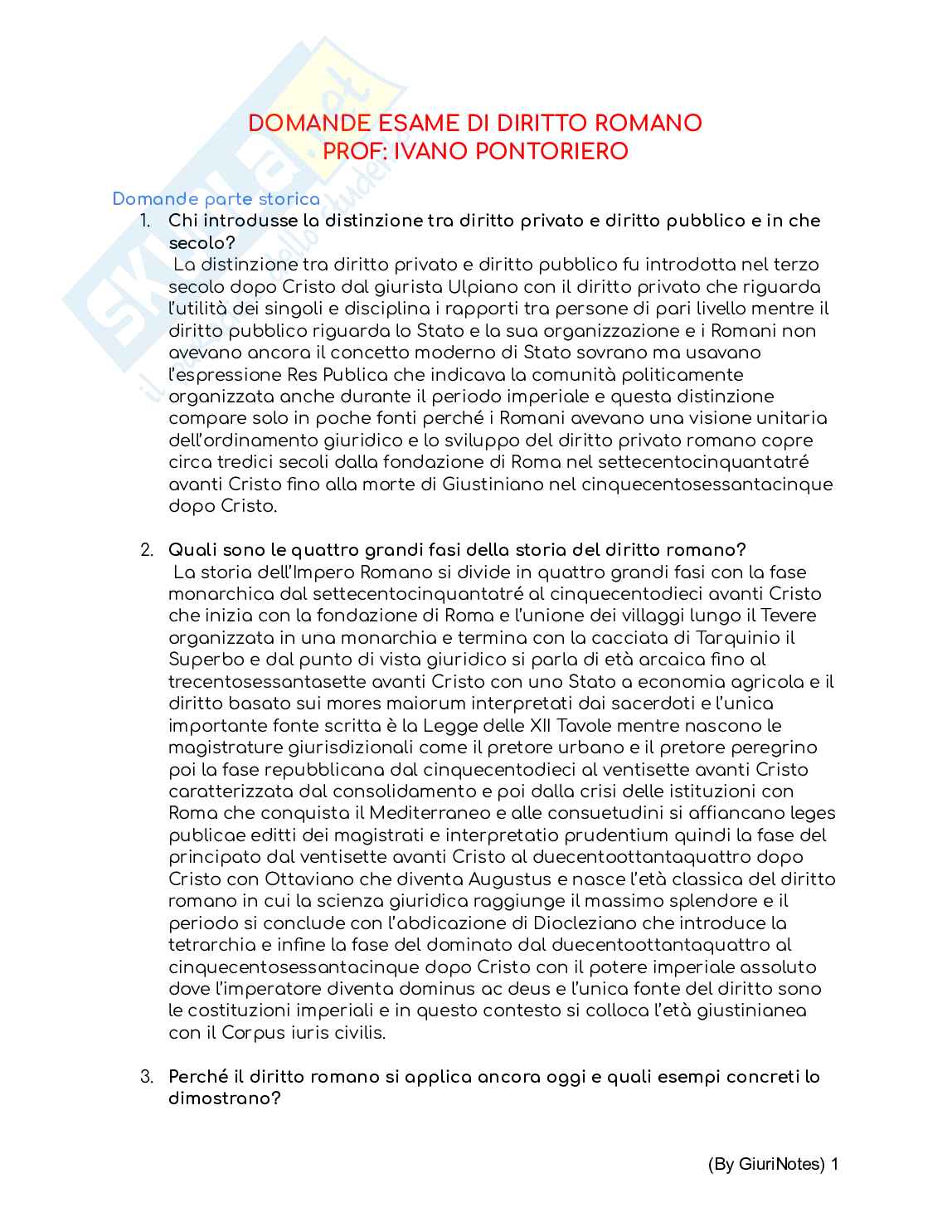 Domande e risposte dell’esame di Diritto romano  Pag. 1