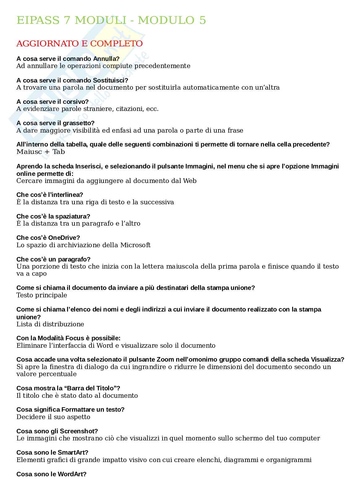 Eipass 7 moduli - Modulo 5: Fondamenti di Word e funzioni avanzate. Aggiornato e completo. In ordine Pag. 1