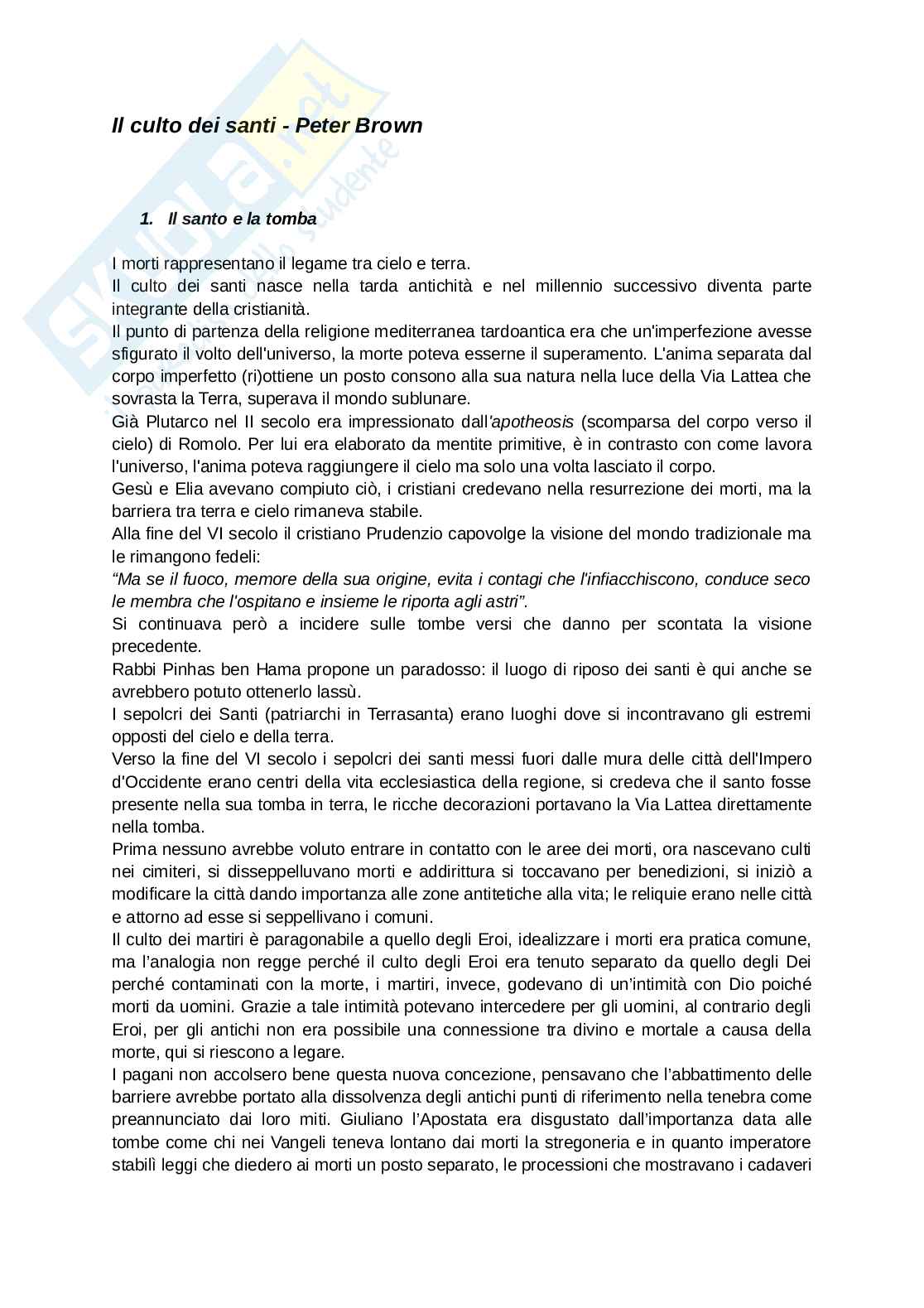 Riassunto esame Storia medievale, Prof. D'arcangelo Potito, libro consigliato Il culto dei santi, Brown Pag. 1