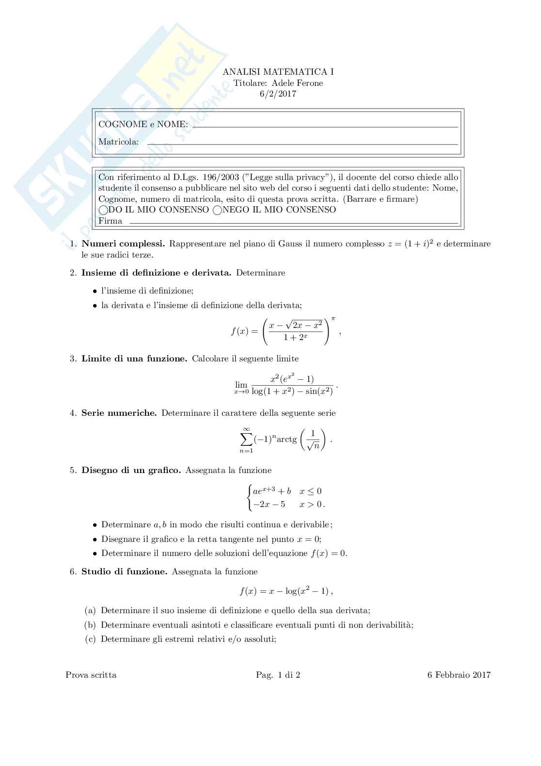 Prove svolte Analisi 1 Pag. 1