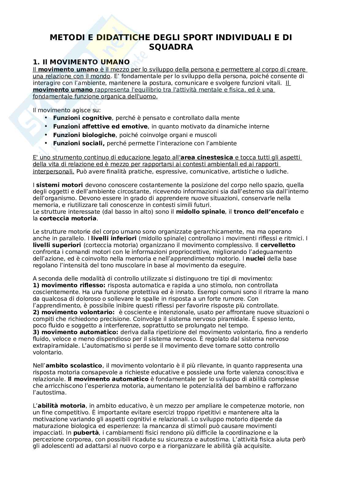 Metodi e didattiche degli sport individuali e di squadra Pag. 1